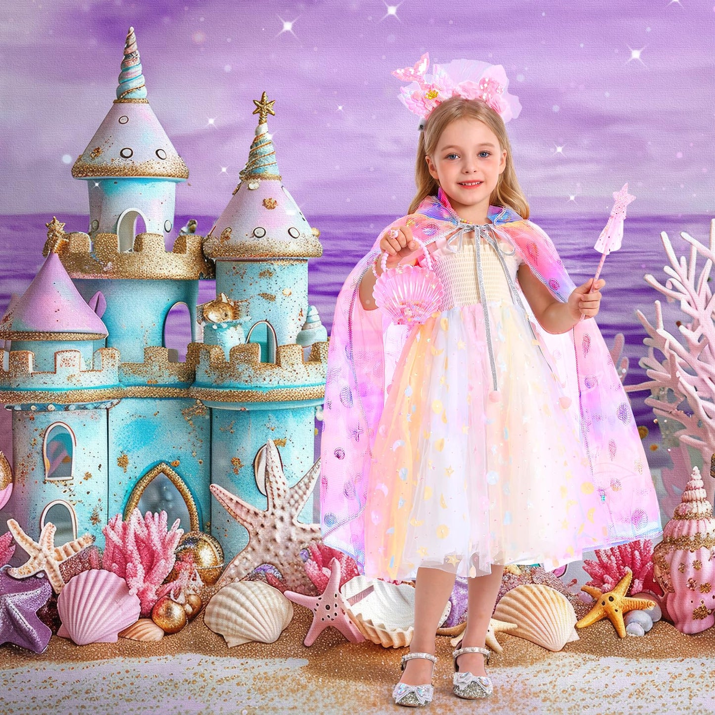 Fedio Mermaid Light Up Princess Cape Set – Dress Up Toys for Girls 3-8