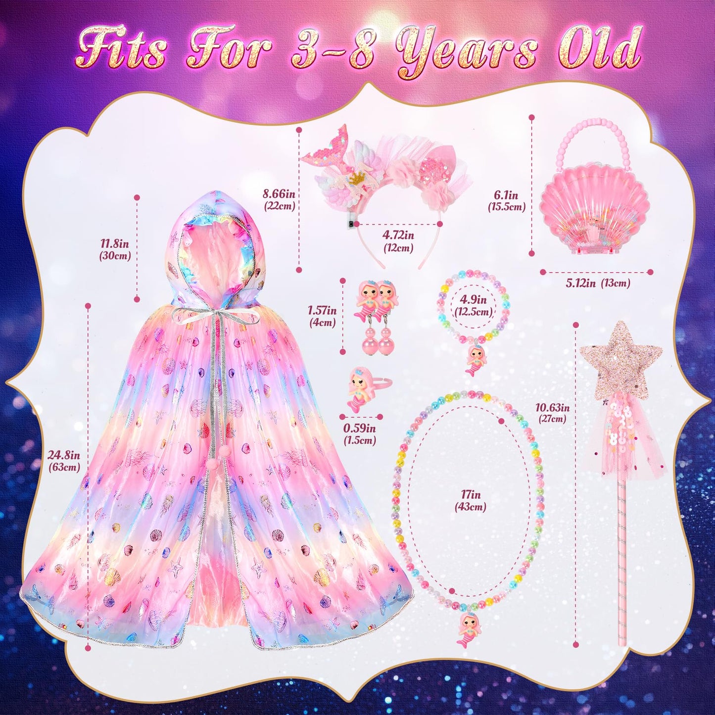 Fedio Mermaid Light Up Princess Cape Set – Dress Up Toys for Girls 3-8