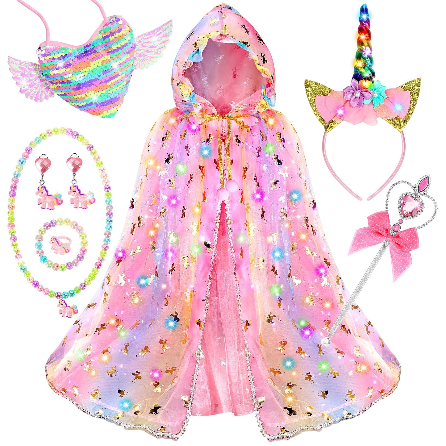 Fedio Princess Dress Up Set – Light Up Unicorn Cape & Accessories for Girls 3-8