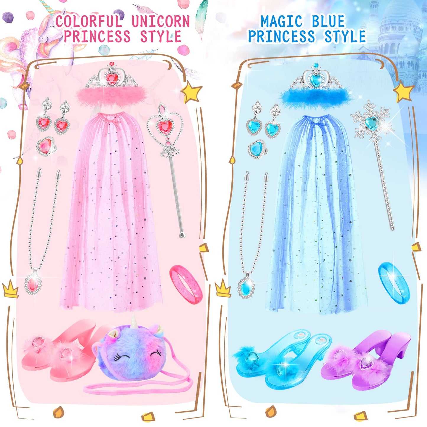 Fedio Princess Dress Up Shoes Set for Girls – 3 Pairs, Capes, Crowns & Unicorn Purse | Pretend Play Gift