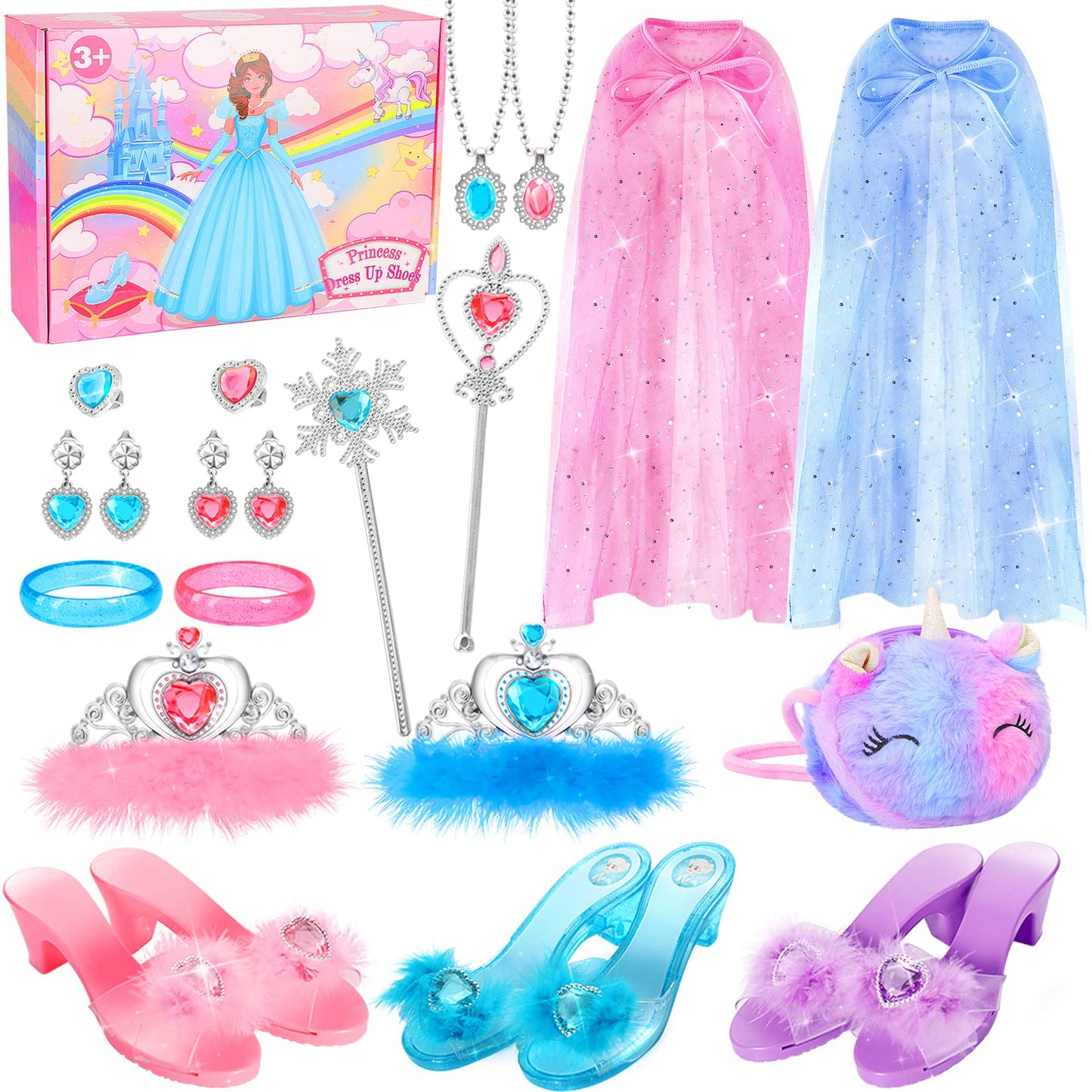Fedio Princess Dress Up Shoes Set for Girls – 3 Pairs, Capes, Crowns & Unicorn Purse | Pretend Play Gift