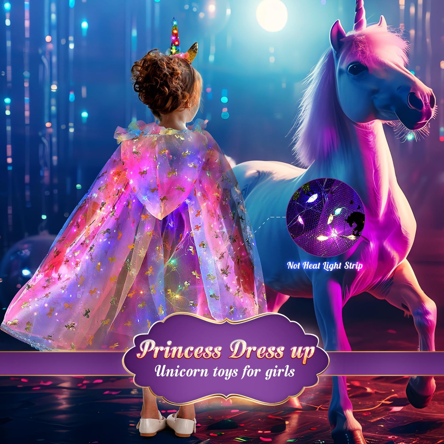 Fedio Princess Dress Up Set – Light Up Unicorn Cape & Accessories for Girls 3-8