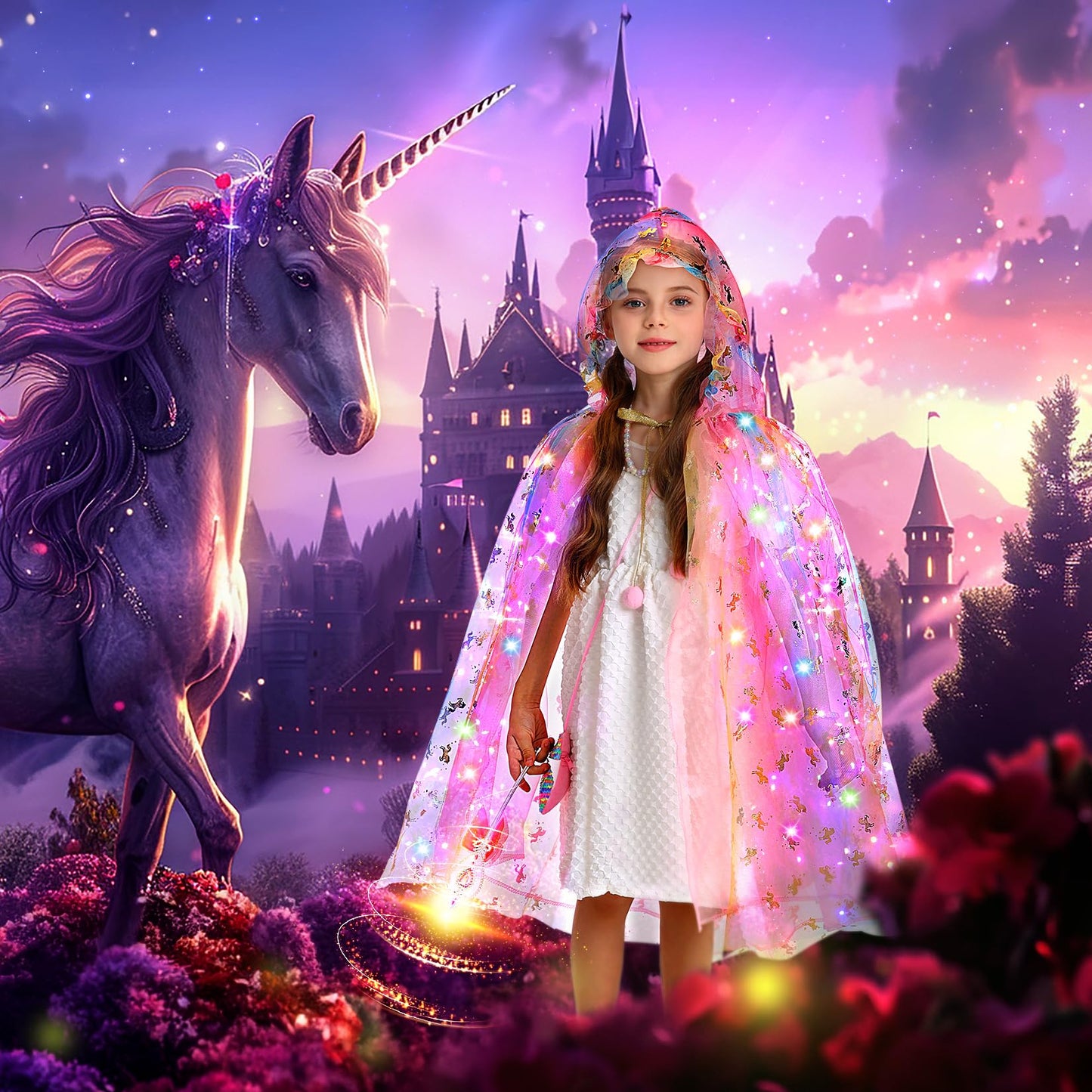 Fedio Princess Dress Up Set – Light Up Unicorn Cape & Accessories for Girls 3-8