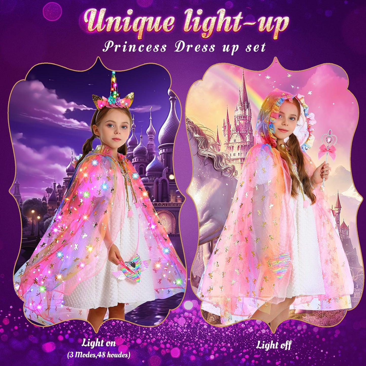 Fedio Princess Dress Up Set – Light Up Unicorn Cape & Accessories for Girls 3-8
