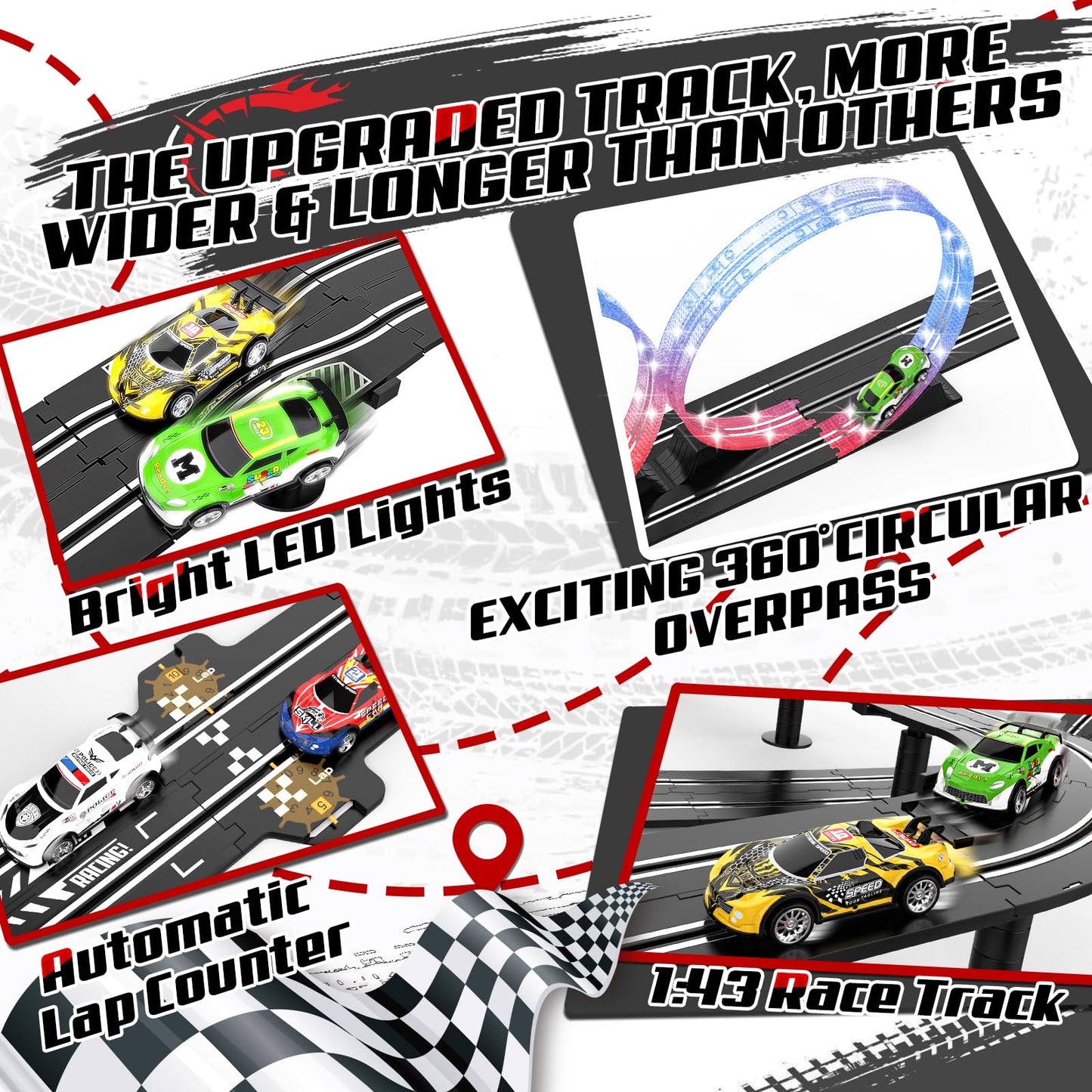 Fedonak 3-in-1 Slot Car Race Track Set with 4 High-Speed Cars – 1:43 Remote Control