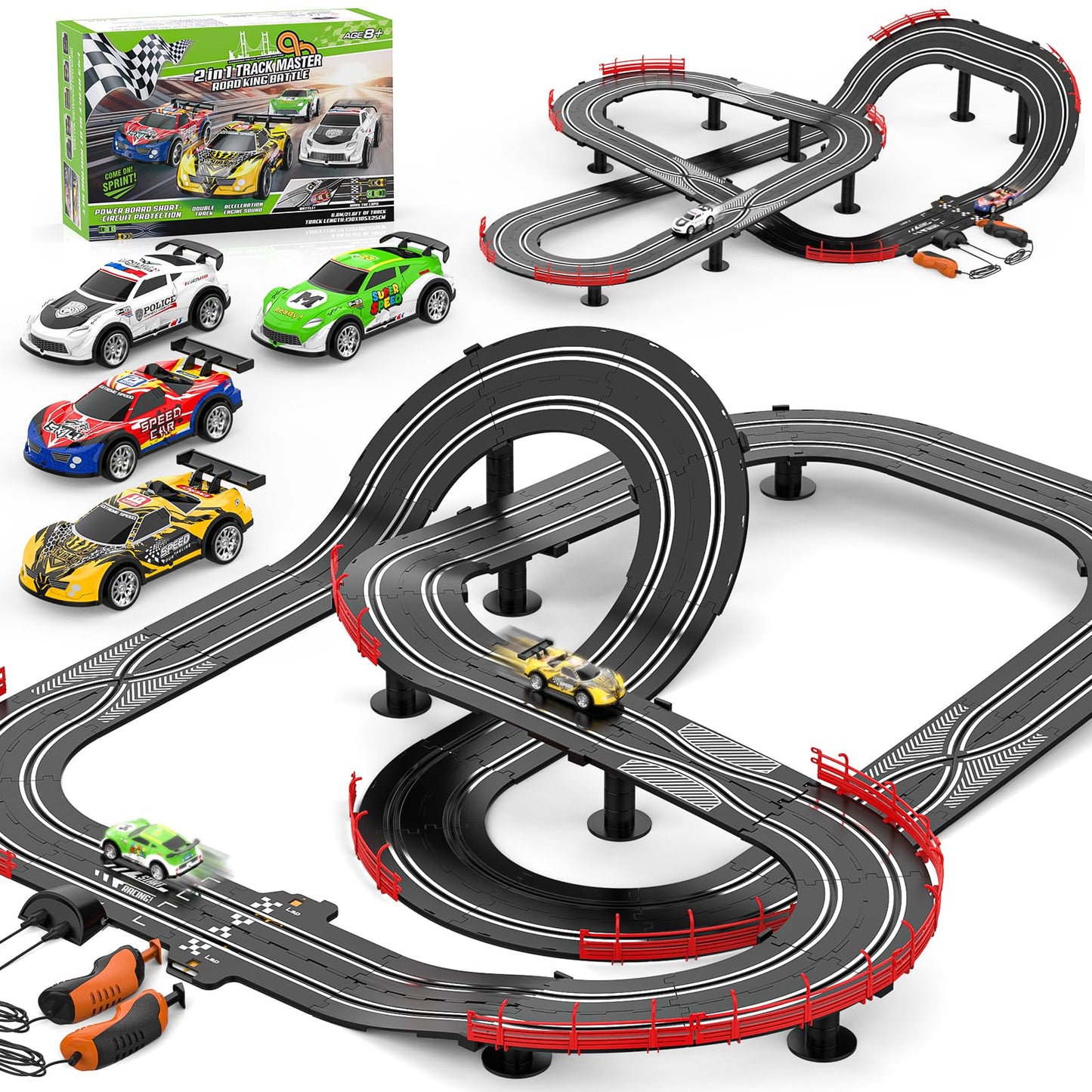 Fedonak 2 in 1 Slot Car Race Track Set — 4 Cars, 1:43 Scale, Dual Racing with Lap Counter