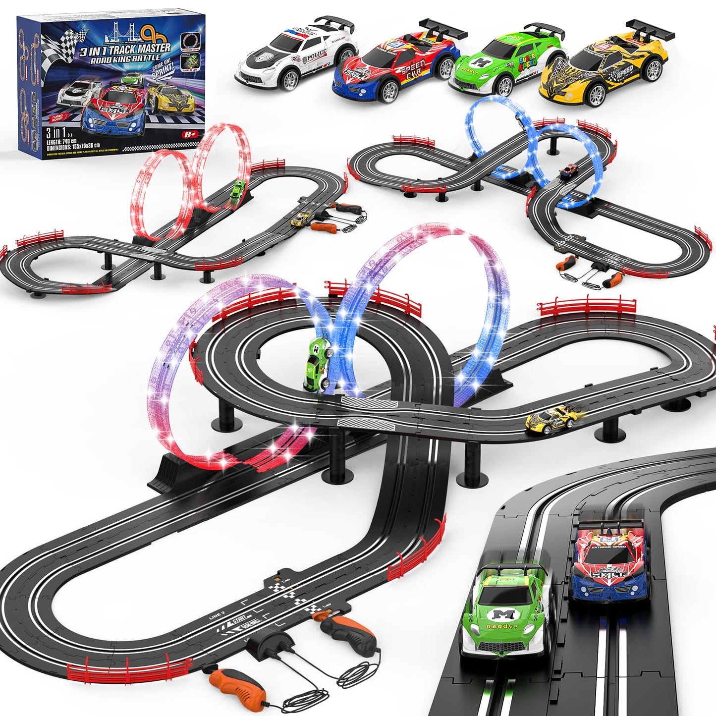 Fedonak 3-in-1 Slot Car Race Track Set with 4 High-Speed Cars – 1:43 Remote Control
