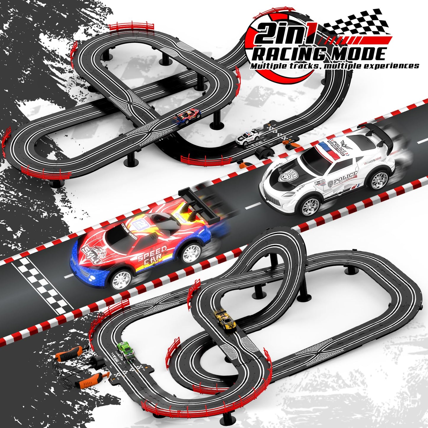 Fedonak 2 in 1 Slot Car Race Track Set — 4 Cars, 1:43 Scale, Dual Racing with Lap Counter