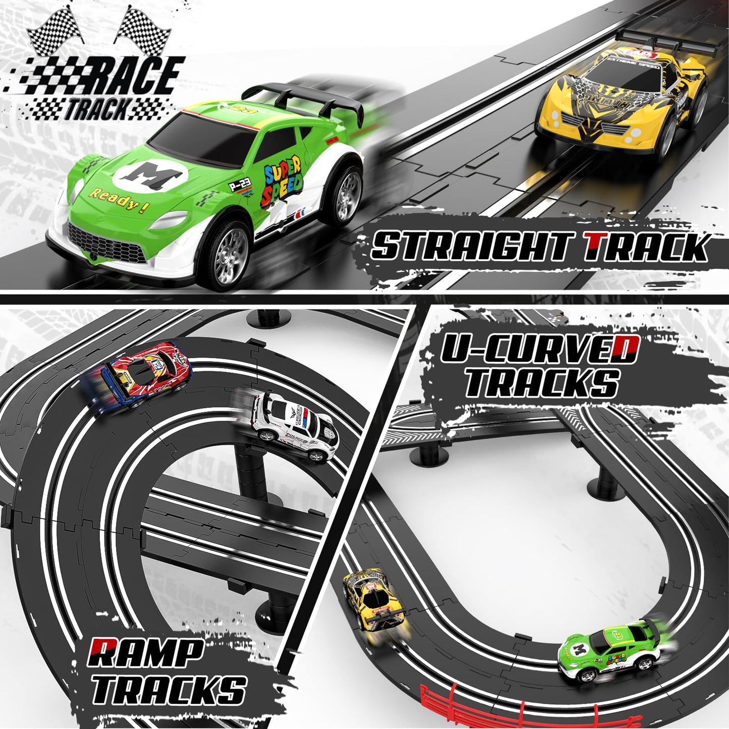 Fedonak 2 in 1 Slot Car Race Track Set — 4 Cars, 1:43 Scale, Dual Racing with Lap Counter