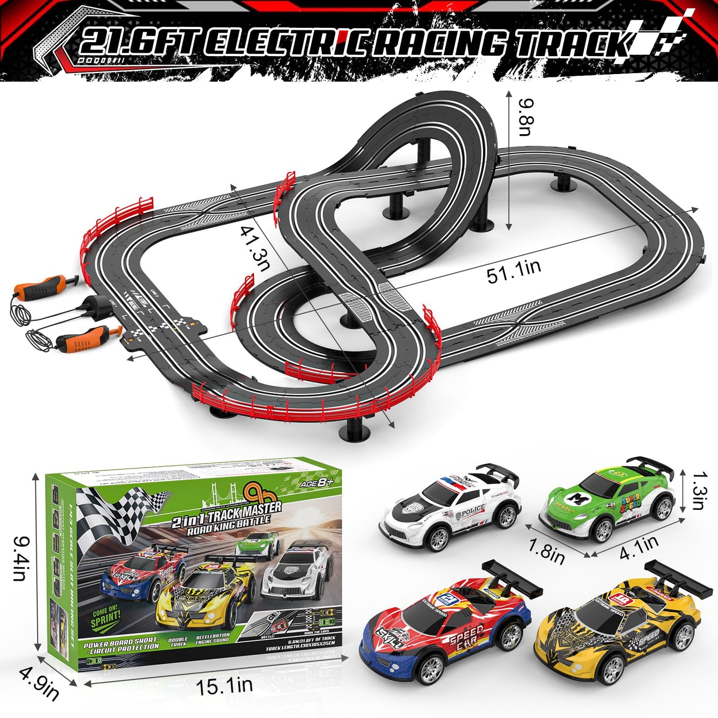 Fedonak 2 in 1 Slot Car Race Track Set — 4 Cars, 1:43 Scale, Dual Racing with Lap Counter