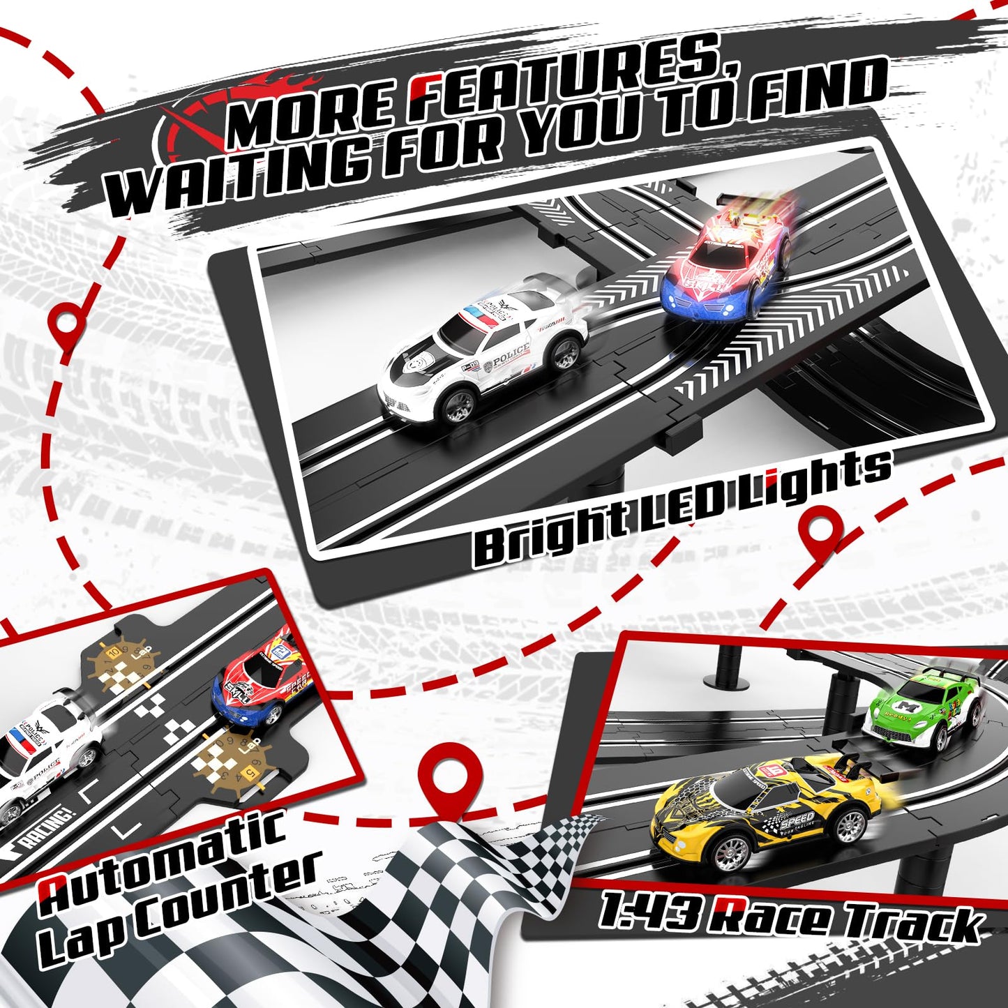 Fedonak 2 in 1 Slot Car Race Track Set — 4 Cars, 1:43 Scale, Dual Racing with Lap Counter