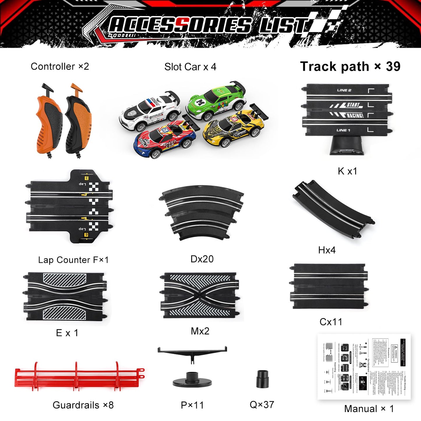 Fedonak 2 in 1 Slot Car Race Track Set — 4 Cars, 1:43 Scale, Dual Racing with Lap Counter