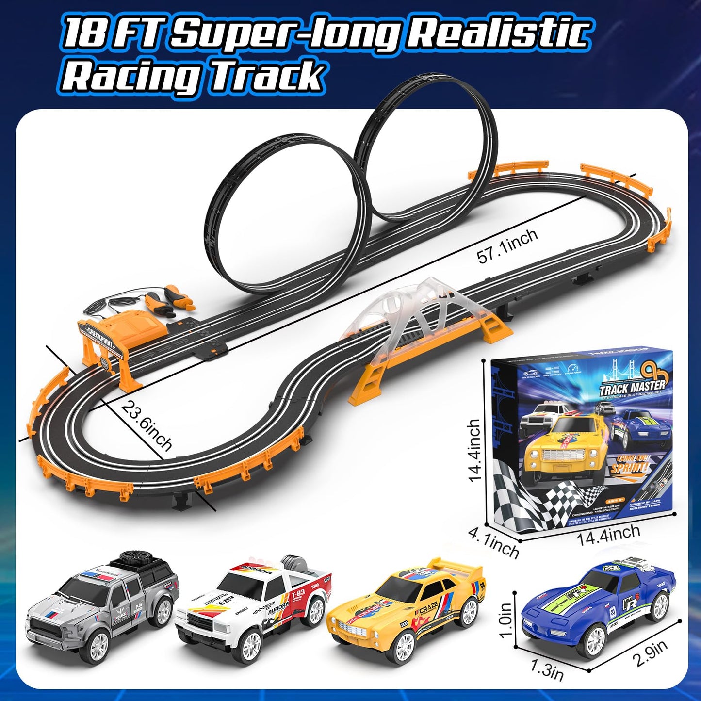 Fedonak Slot Car Race Track Sets – 4 High-Speed Cars, Dual-Lane Racing, Battery or Electric Power