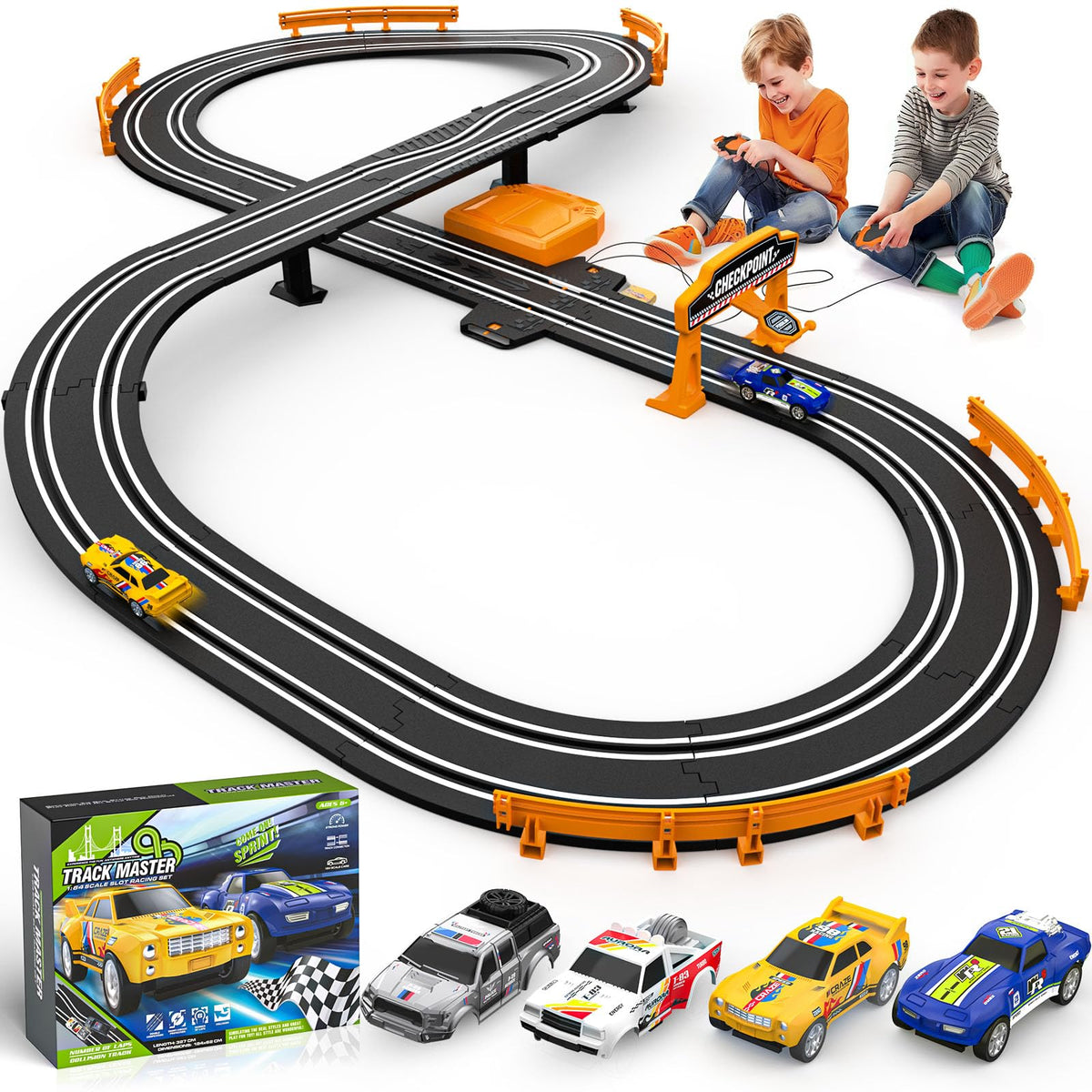 Fedonak Slot Car Track Set – Dual-Lane Race Track with 2 High-Speed Cars, Battery or Electric Power