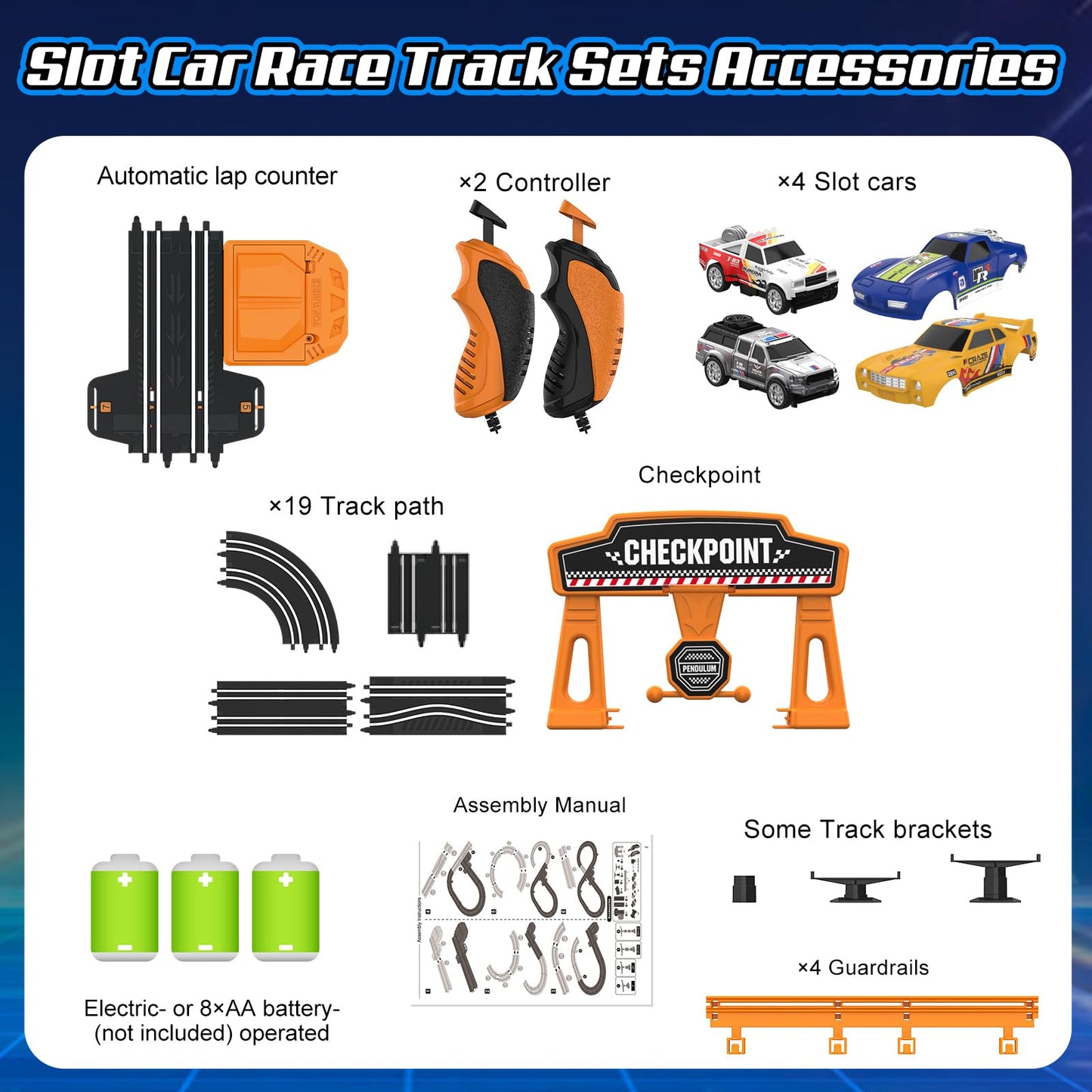 Fedonak Slot Car Track Set – Dual-Lane Race Track with 2 High-Speed Cars, Battery or Electric Power
