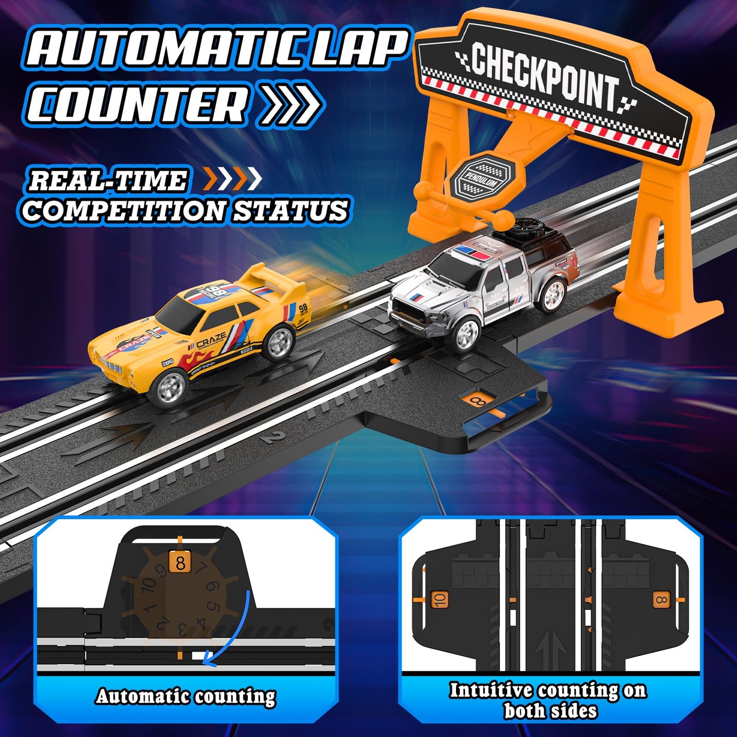 Fedonak Slot Car Race Track Sets – 4 High-Speed Cars, Dual-Lane Racing, Battery or Electric Power