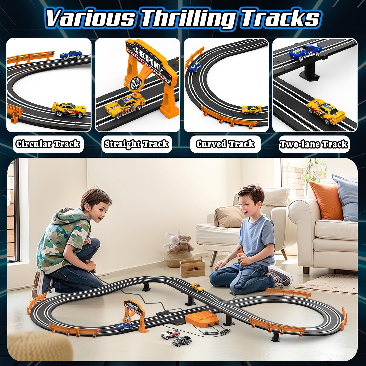 Fedonak Slot Car Track Set – Dual-Lane Race Track with 2 High-Speed Cars, Battery or Electric Power
