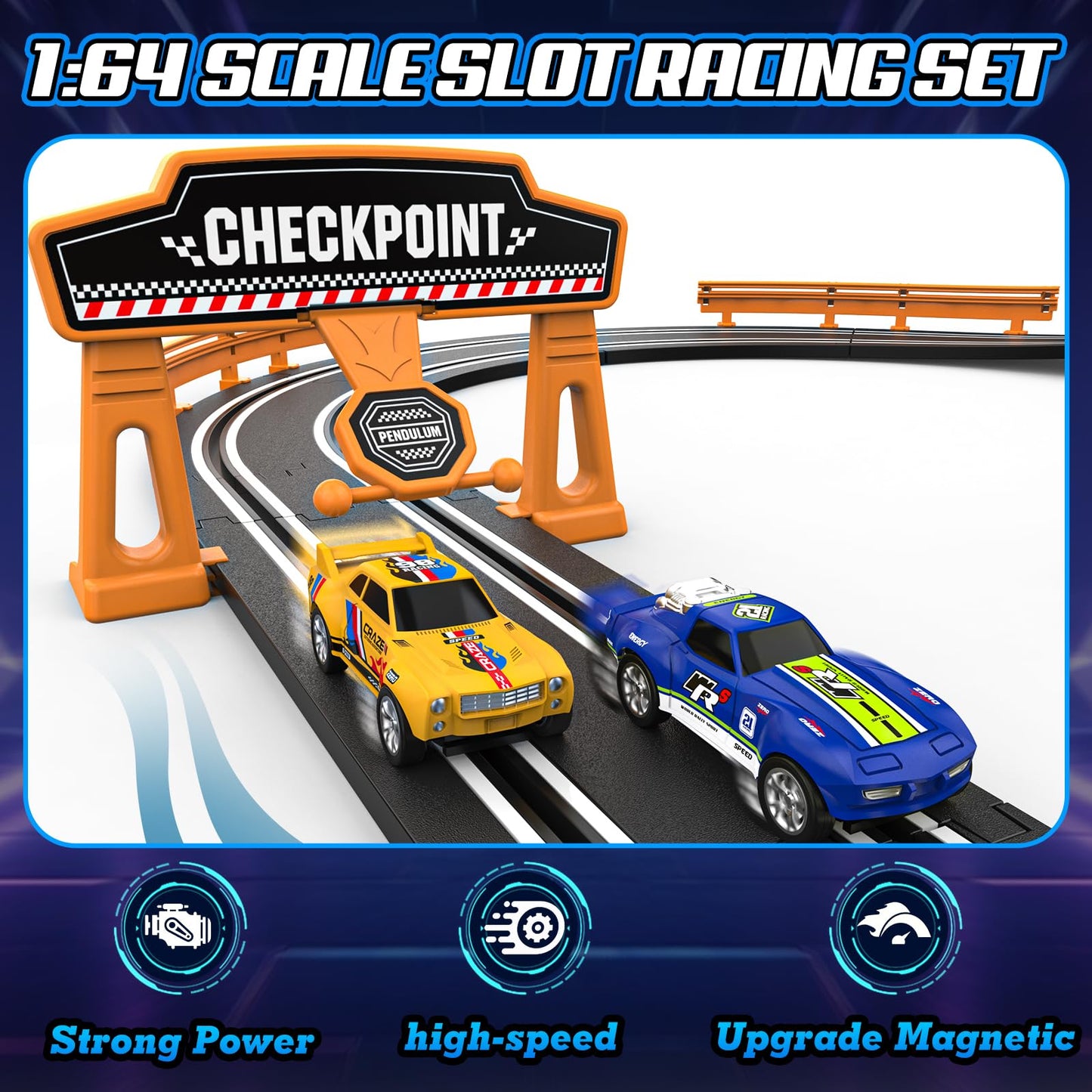 Fedonak Slot Car Track Set – Dual-Lane Race Track with 2 High-Speed Cars, Battery or Electric Power