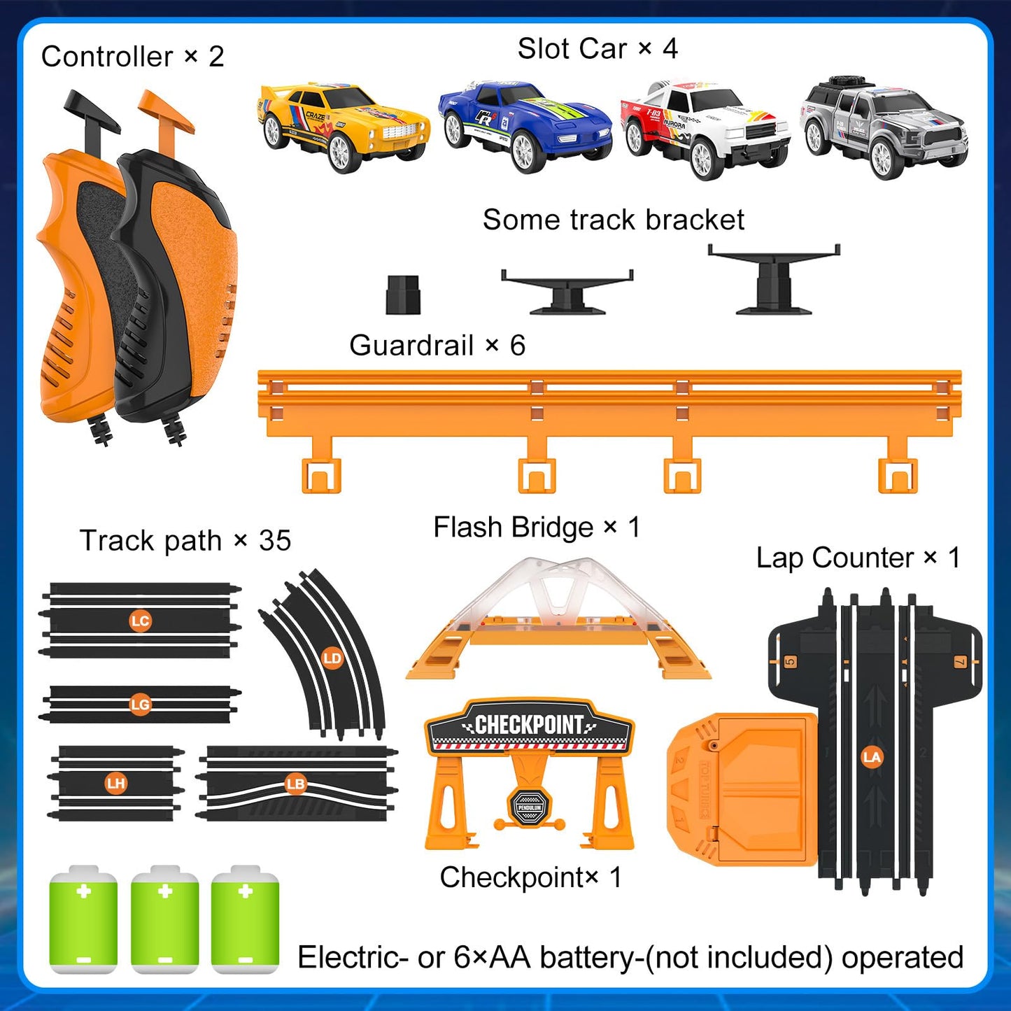 Fedonak Slot Car Race Track Sets – 4 High-Speed Cars, Dual-Lane Racing, Battery or Electric Power