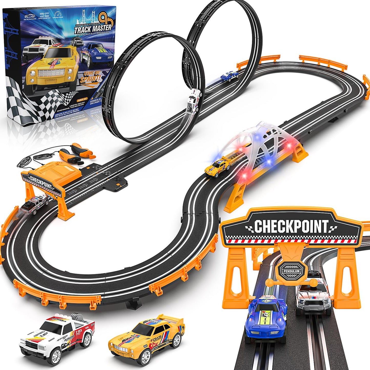 Fedonak Slot Car Race Track Sets – 4 High-Speed Cars, Dual-Lane Racing, Battery or Electric Power