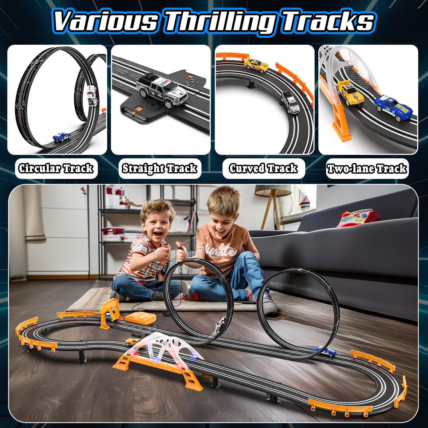 Fedonak Slot Car Race Track Sets – 4 High-Speed Cars, Dual-Lane Racing, Battery or Electric Power