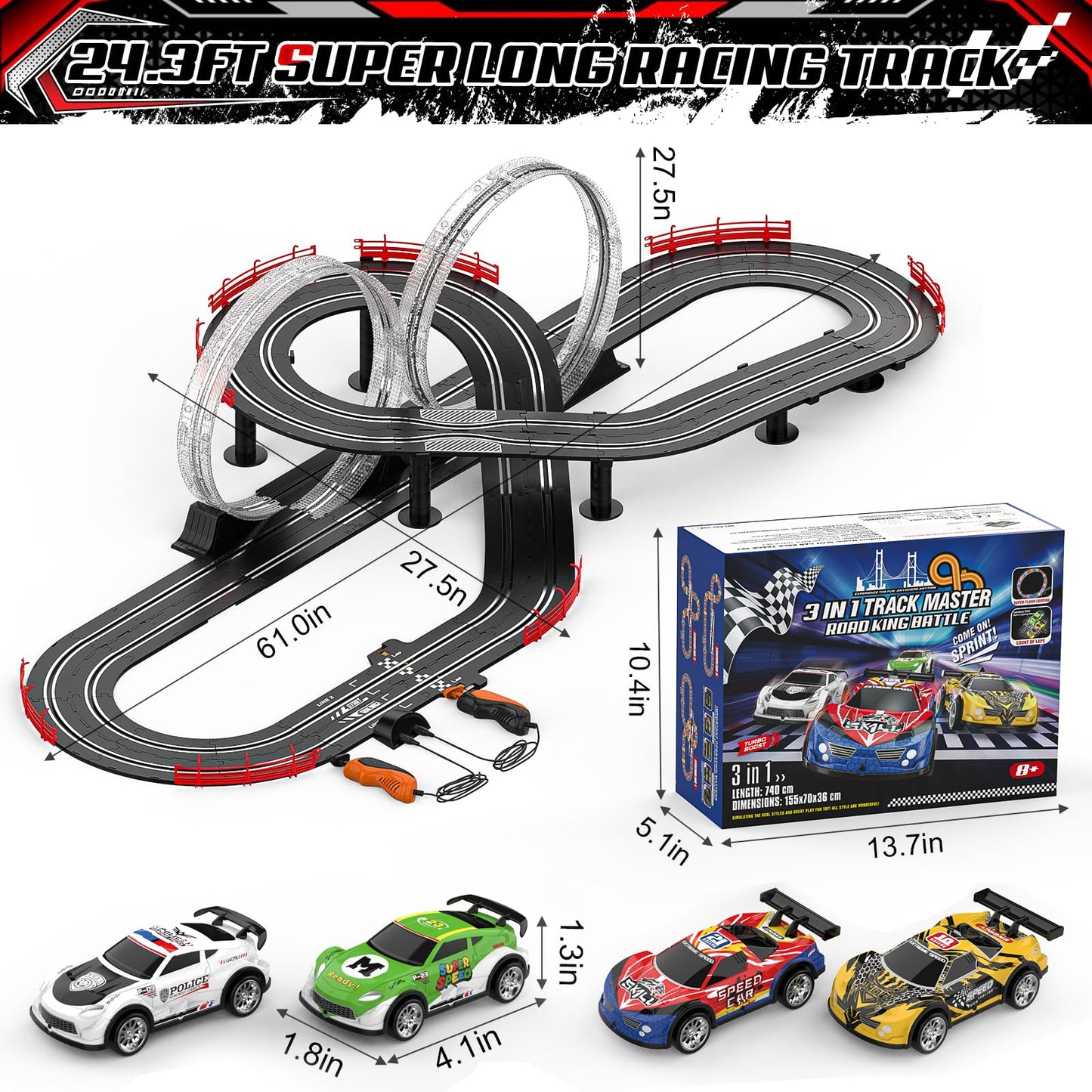 Fedonak 3-in-1 Slot Car Race Track Set with 4 High-Speed Cars – 1:43 Remote Control