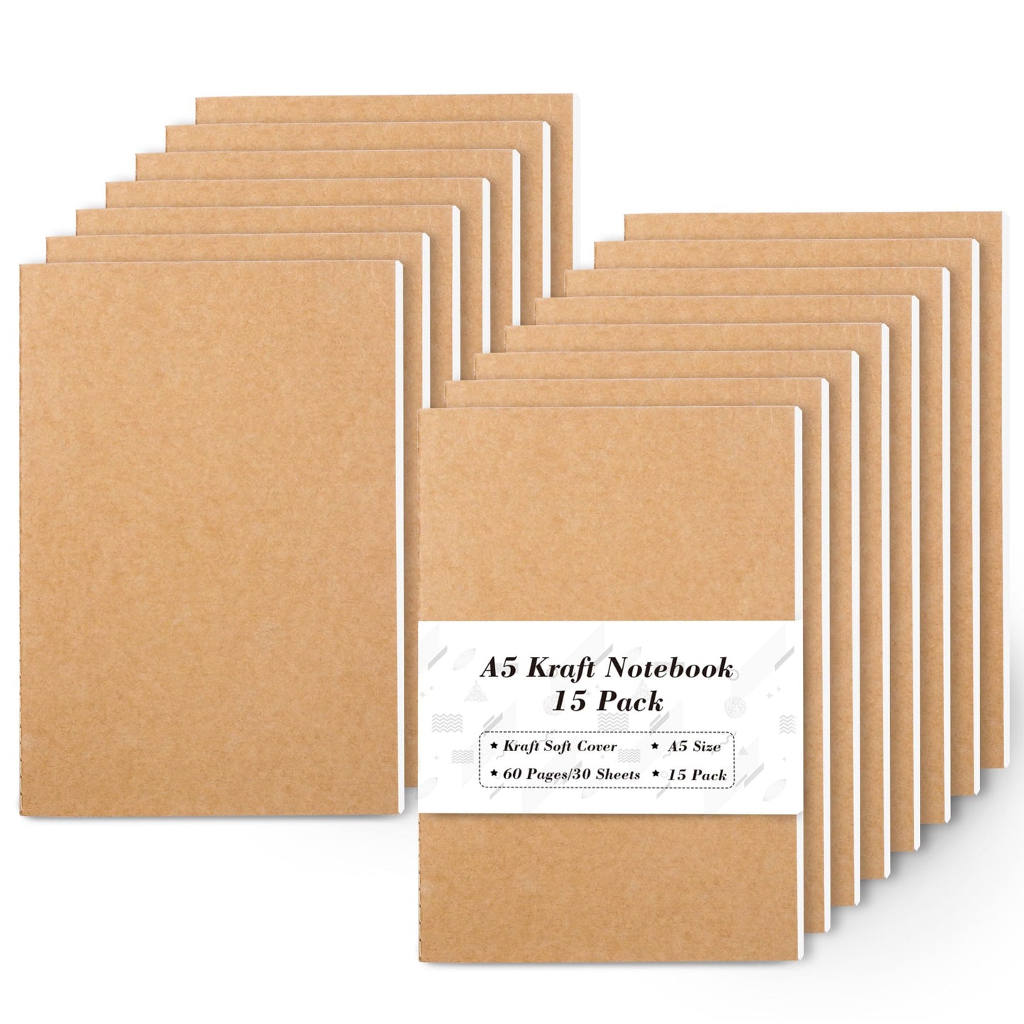 Feela 15 Pack A5 Kraft Notebooks — Soft Cover, 60 Lined Pages, 8.3 x 5.5 in