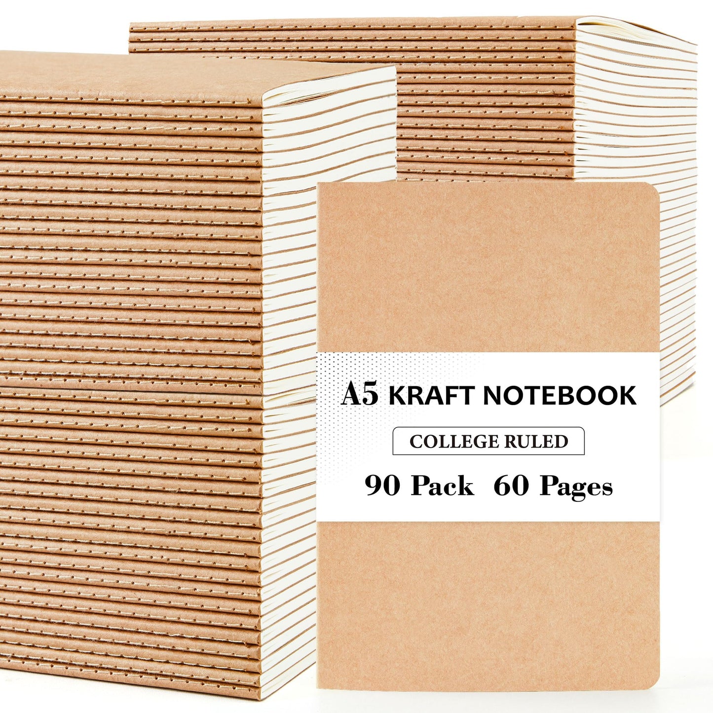 feela 90 Pack Kraft Notebooks Bulk – Lined A5 Journals, 60 Pages Each, 8.3 x 5.5 in