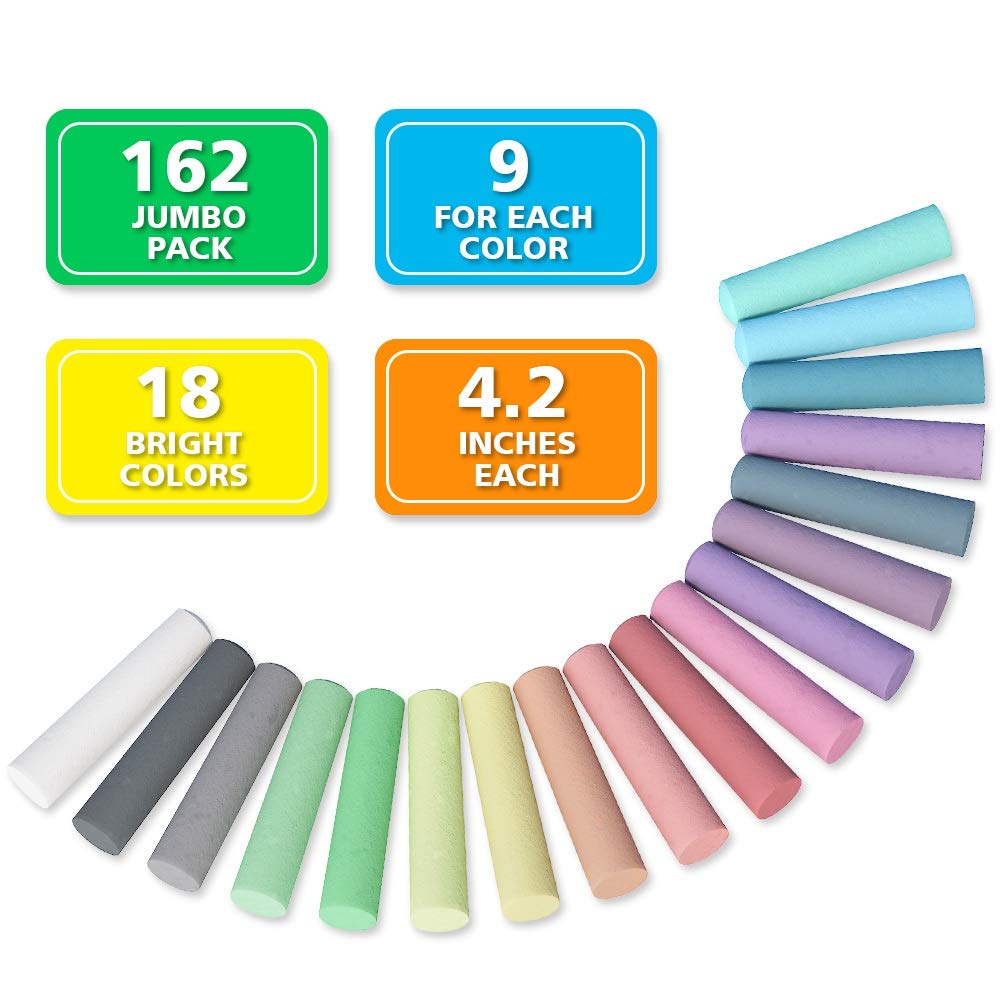 Feela 162-Pack Sidewalk Chalk Set – 18 Colors, Jumbo 4-Inch Chalk for Outdoor Art