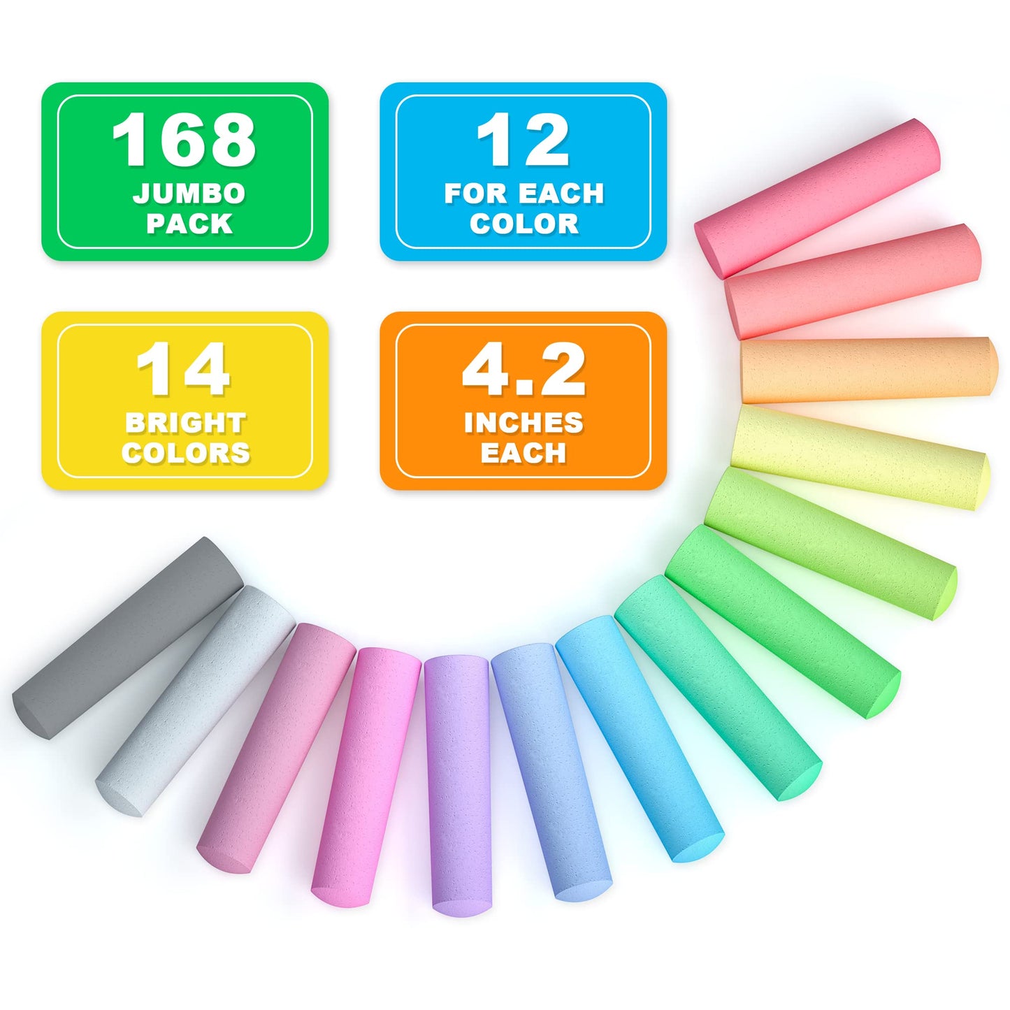 Feela 168 Pack Sidewalk Chalk – Jumbo 14-Color Outdoor Chalk Set for Kids