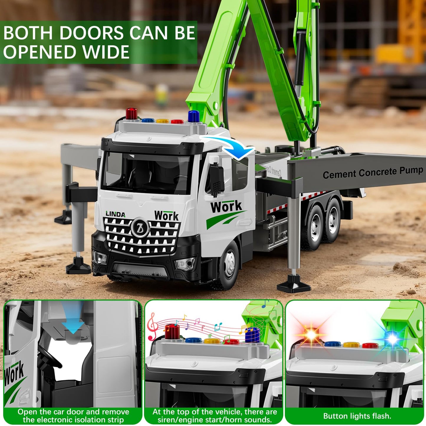 FEIDAMA Cement Concrete Pump Truck Toy – Extendable Boom, Water Spray, Realistic Construction Site Play