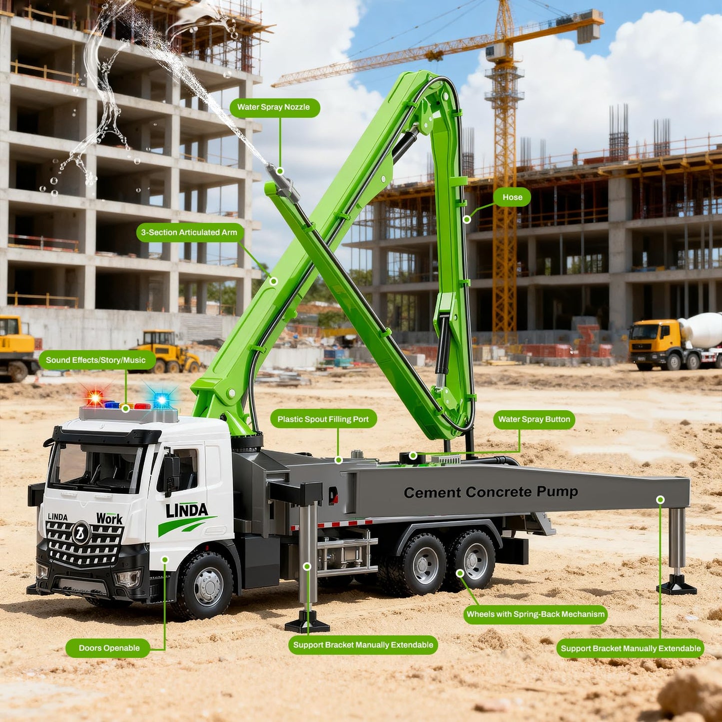 FEIDAMA Cement Concrete Pump Truck Toy – Extendable Boom, Water Spray, Realistic Construction Site Play