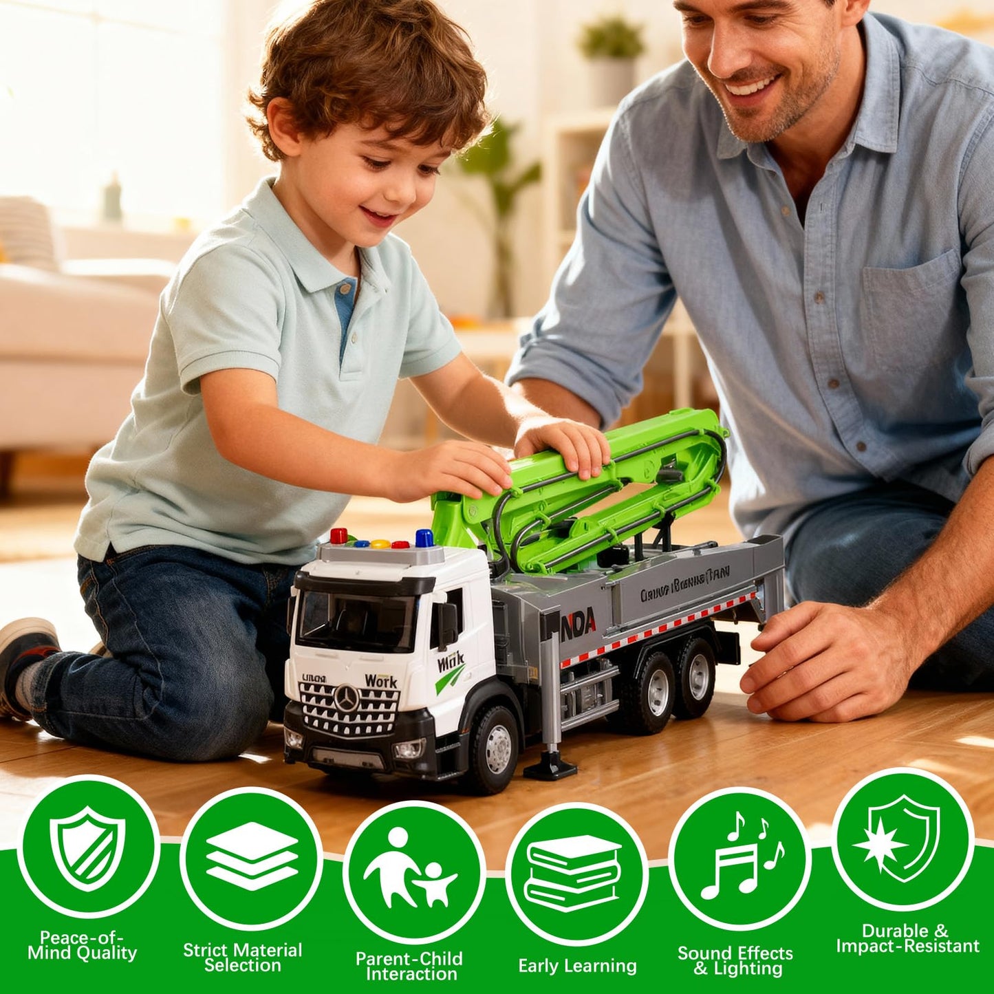 FEIDAMA Cement Concrete Pump Truck Toy – Extendable Boom, Water Spray, Realistic Construction Site Play