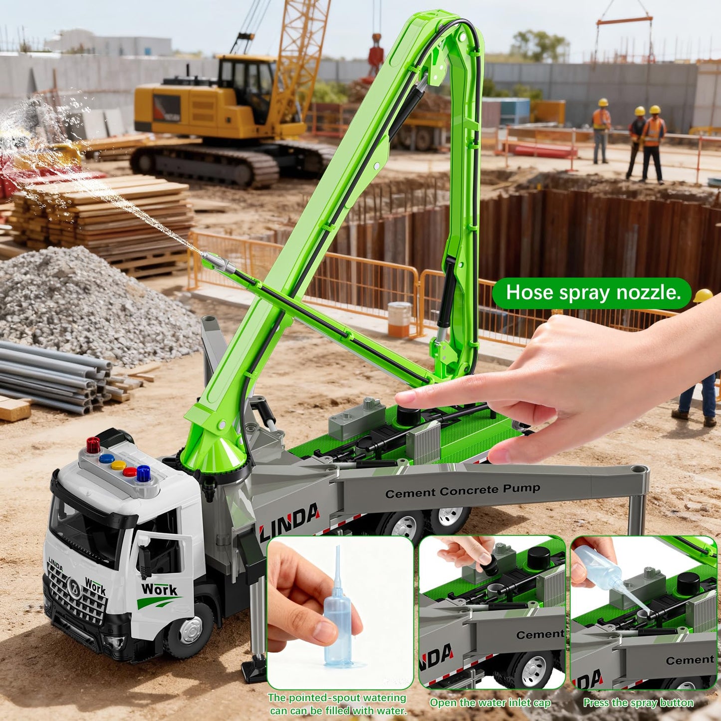 FEIDAMA Cement Concrete Pump Truck Toy – Extendable Boom, Water Spray, Realistic Construction Site Play
