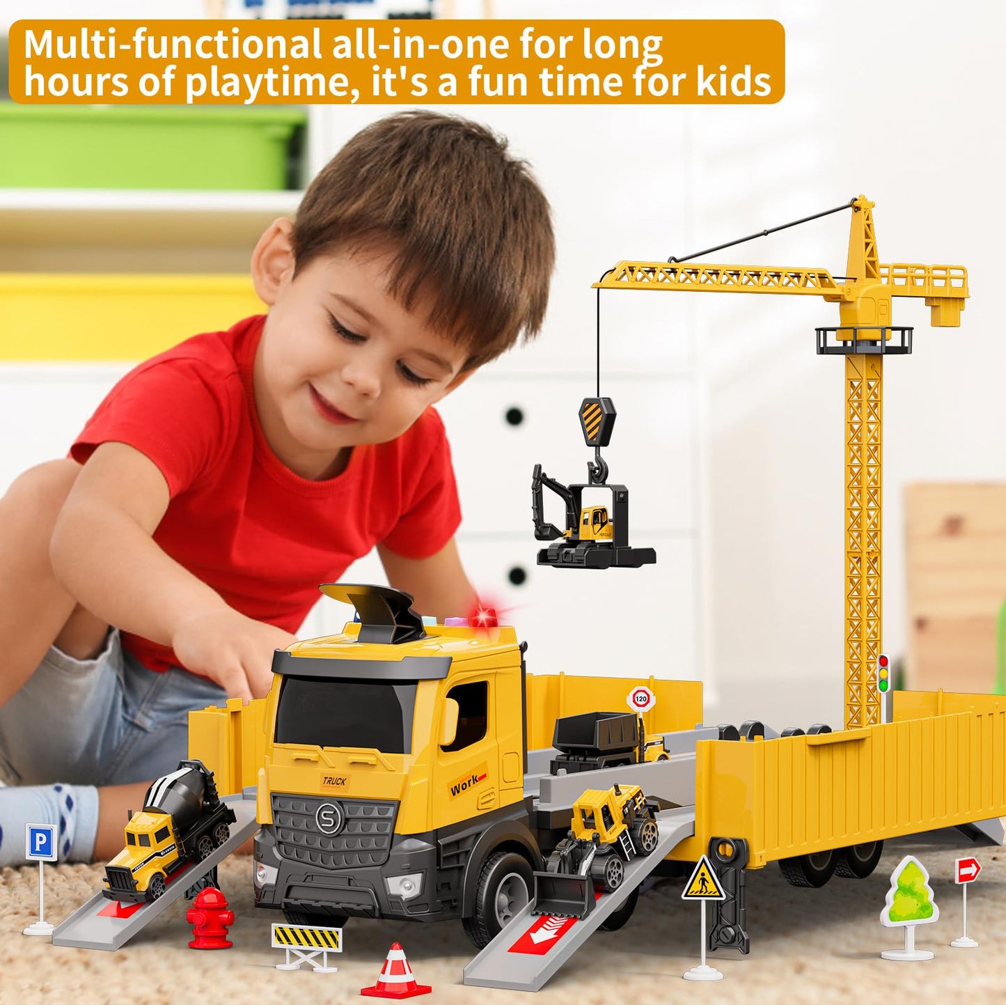 FEIDAMA Construction Toys Truck Crane – Race Track & Ejector Set for Kids 2-8