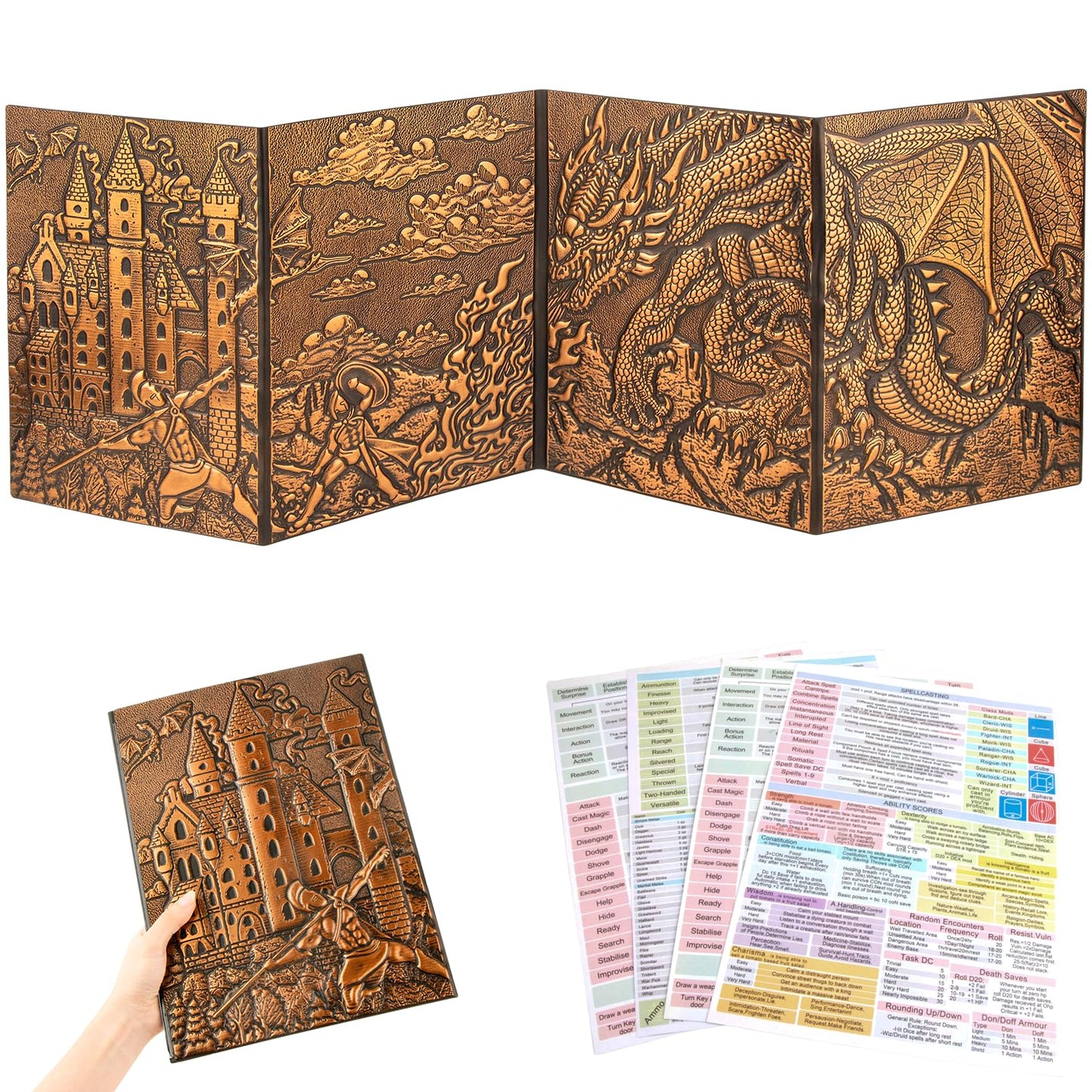 FEIDIAO DND Dungeon Master Screen – 3D Embossed Faux Leather 4-Panel with Pockets