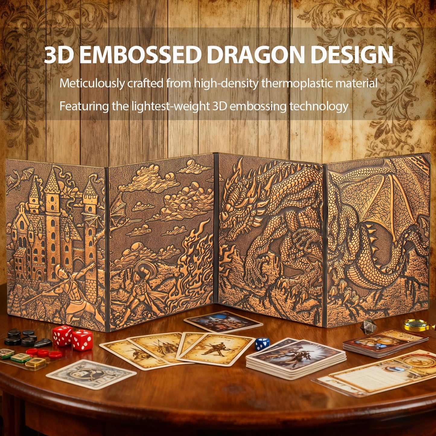 FEIDIAO DND Dungeon Master Screen – 3D Embossed Faux Leather 4-Panel with Pockets