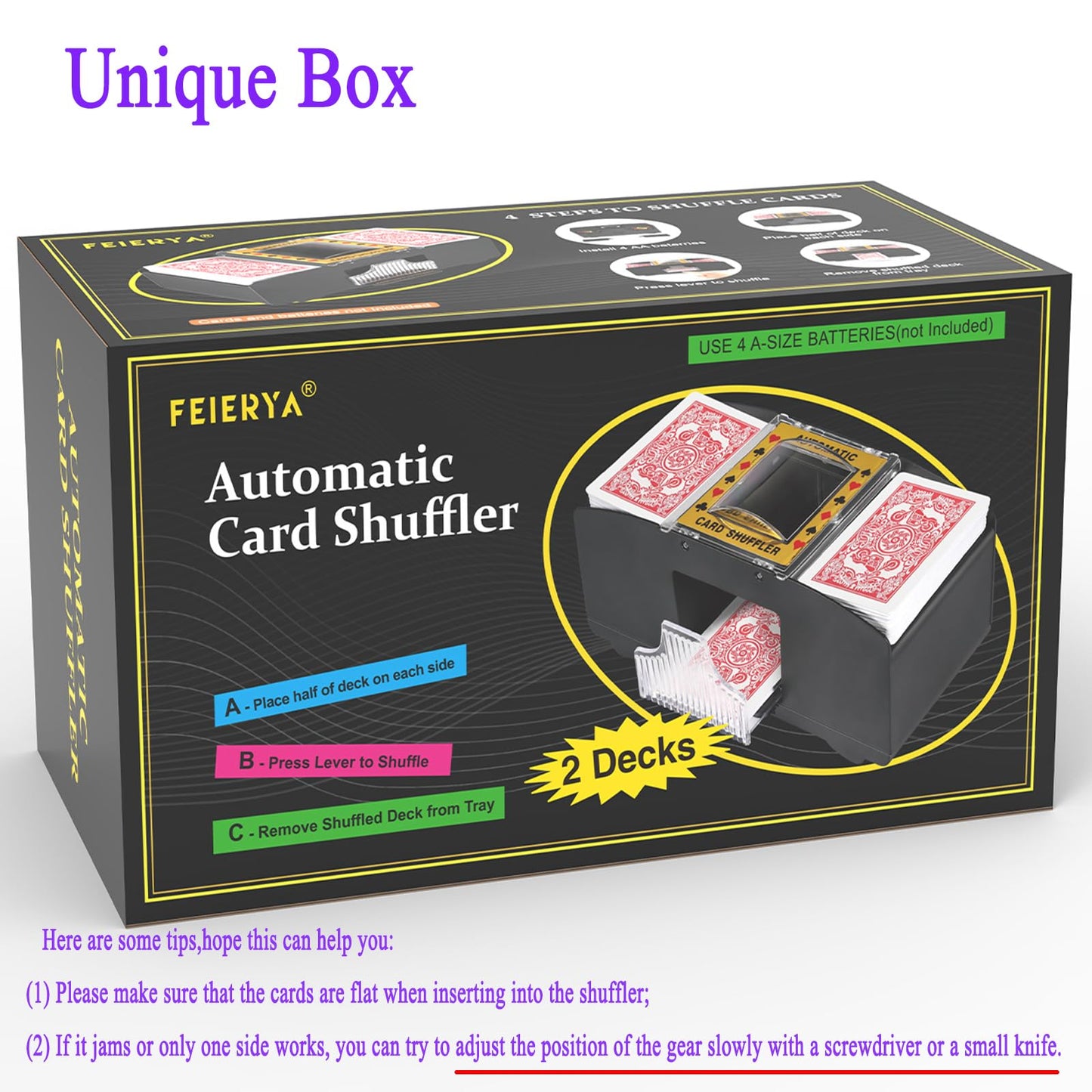FEIERYA Automatic Card Shuffler 2-Deck – Battery-Operated Shuffler for UNO, Poker & More