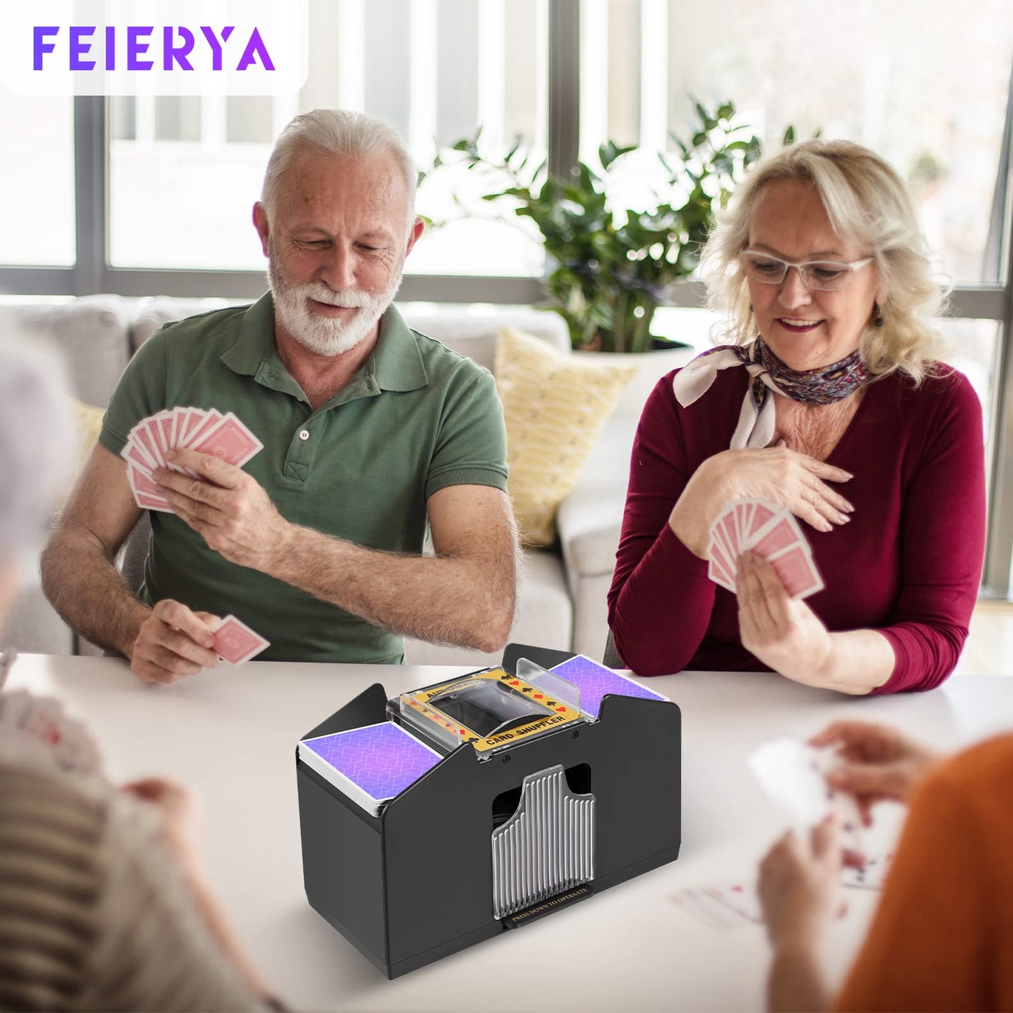 FEIERYA Automatic Card Shuffler 4-Deck – Battery-Operated Shuffle for UNO, Poker & More