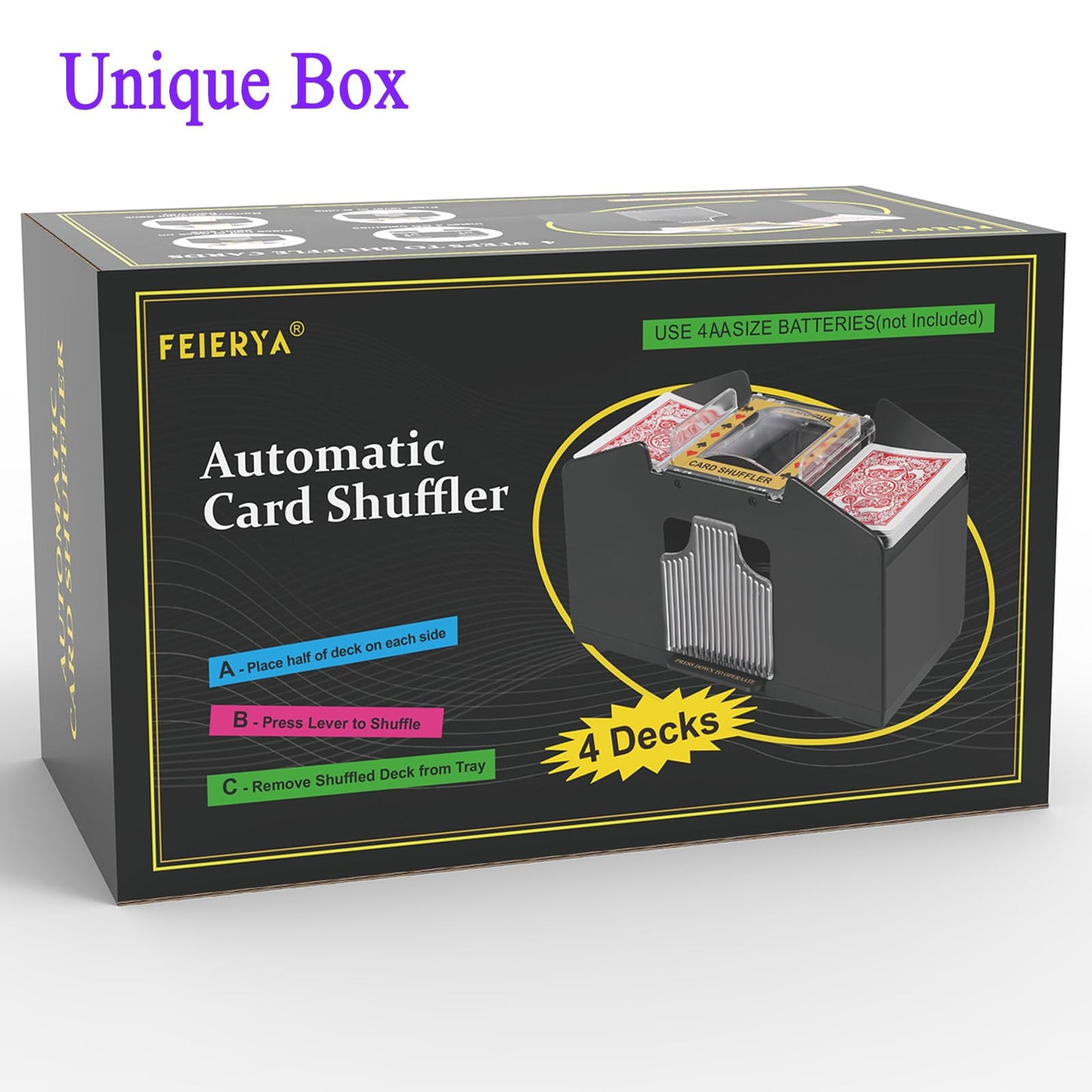 FEIERYA Automatic Card Shuffler 4-Deck – Battery-Operated Shuffle for UNO, Poker & More