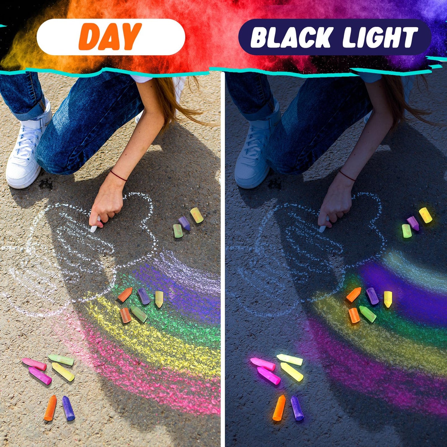 Feifeiya Glow in the Dark Chalk — 30 Neon UV Chalk Set for Blacklight Parties, Outdoor Drawing, and Classroom Fun