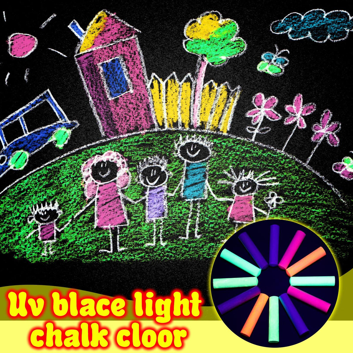 Feifeiya Glow in the Dark Chalk Set – 12 Pcs Neon UV Chalk, Washable, Dustless Cylindrical