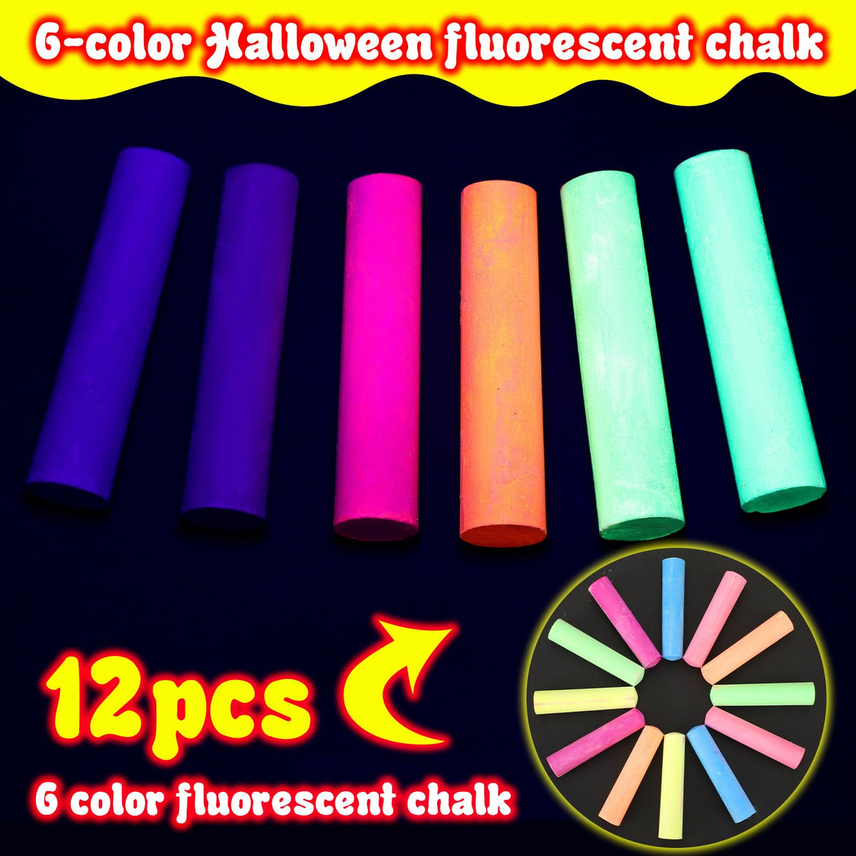 Feifeiya Glow in the Dark Chalk Set – 12 Pcs Neon UV Chalk, Washable, Dustless Cylindrical