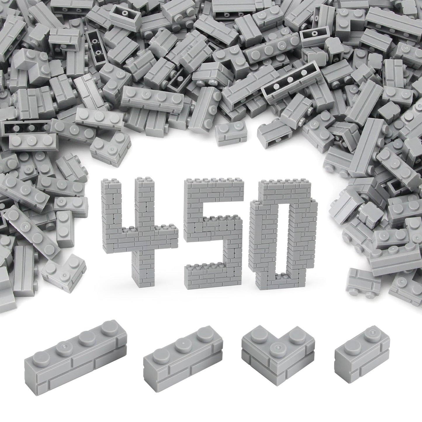 Feleph Masonry Bricks Set – 450 Pcs Gray, Compatible with Major Brands
