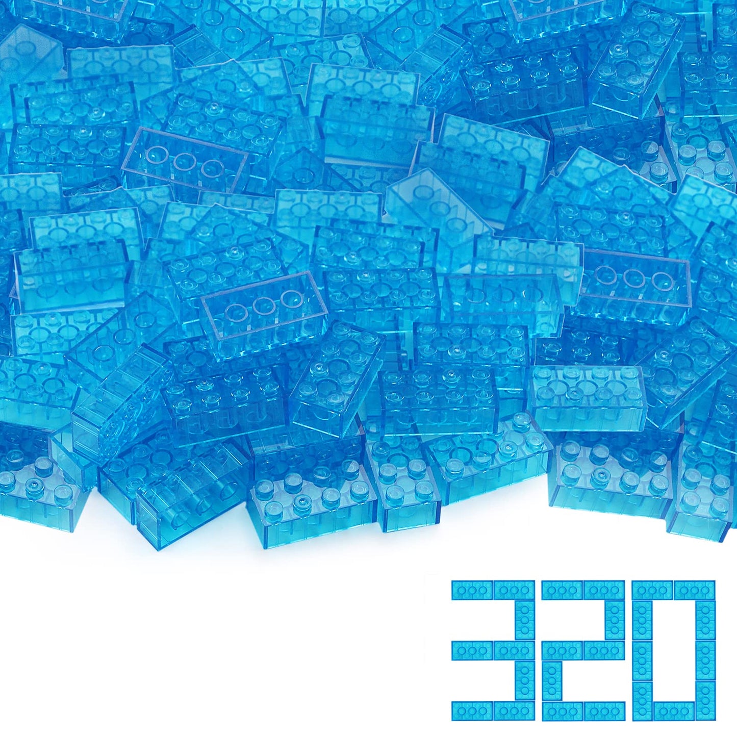 Feleph 320-Piece Transparent Medium Blue 2x4 Bricks – Compatible with 3001 Major Brands
