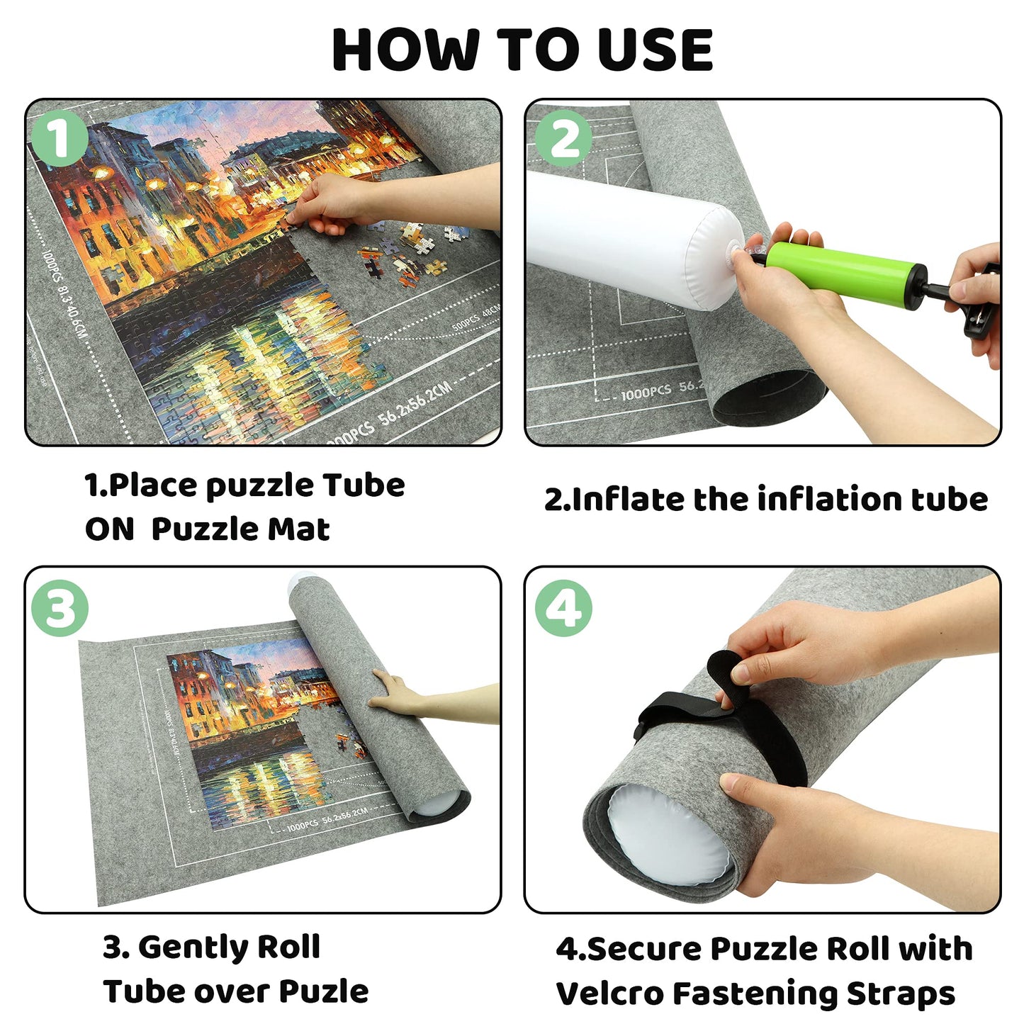 FELIZROCA Portable Puzzle Mat Roll Up – 46x26 in Puzzle Kit with Glue Sheets, Trays, Pump, Tube & Bag