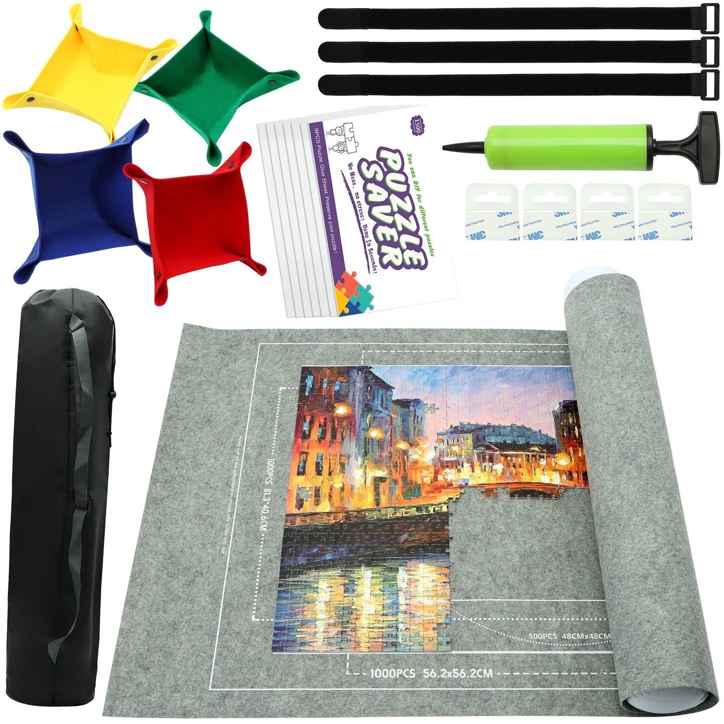 FELIZROCA Portable Puzzle Mat Roll Up – 46x26 in Puzzle Kit with Glue Sheets, Trays, Pump, Tube & Bag