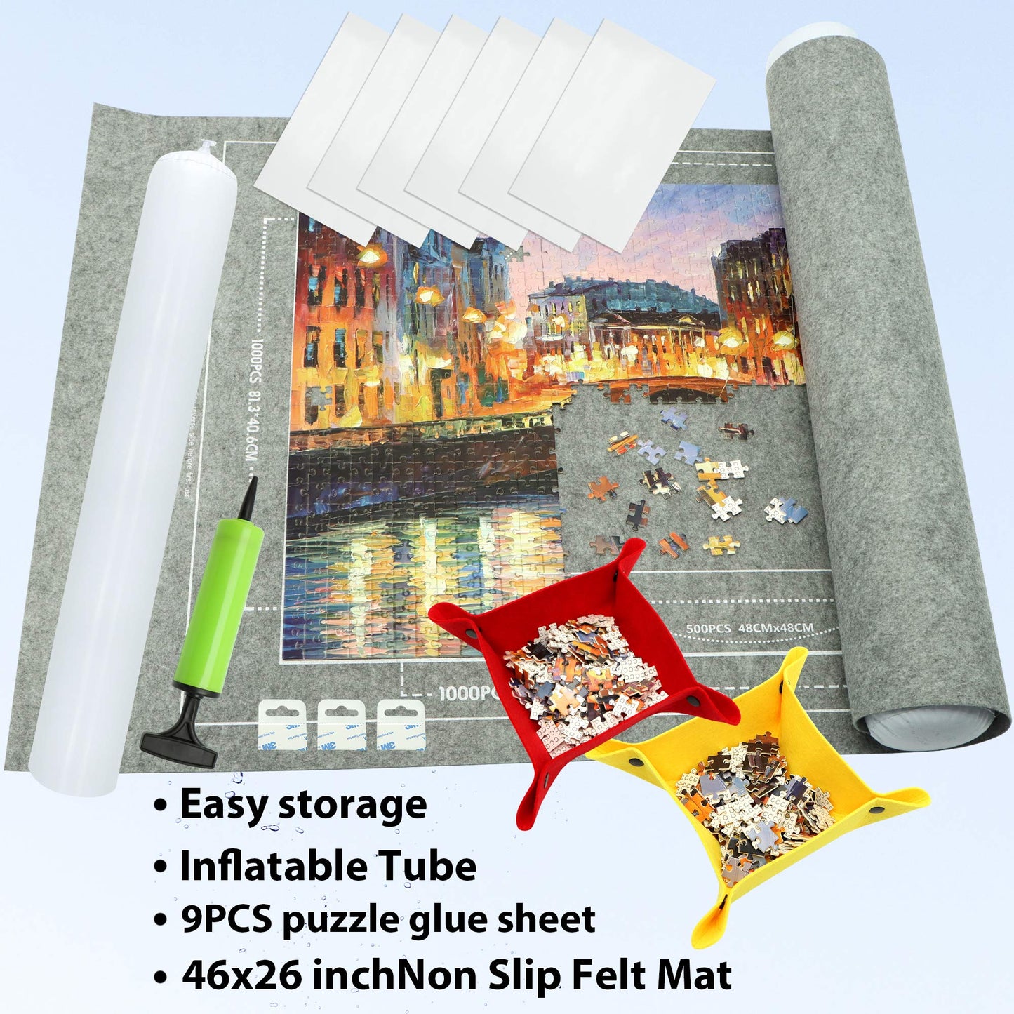 FELIZROCA Portable Puzzle Mat Roll Up – 46x26 in Puzzle Kit with Glue Sheets, Trays, Pump, Tube & Bag