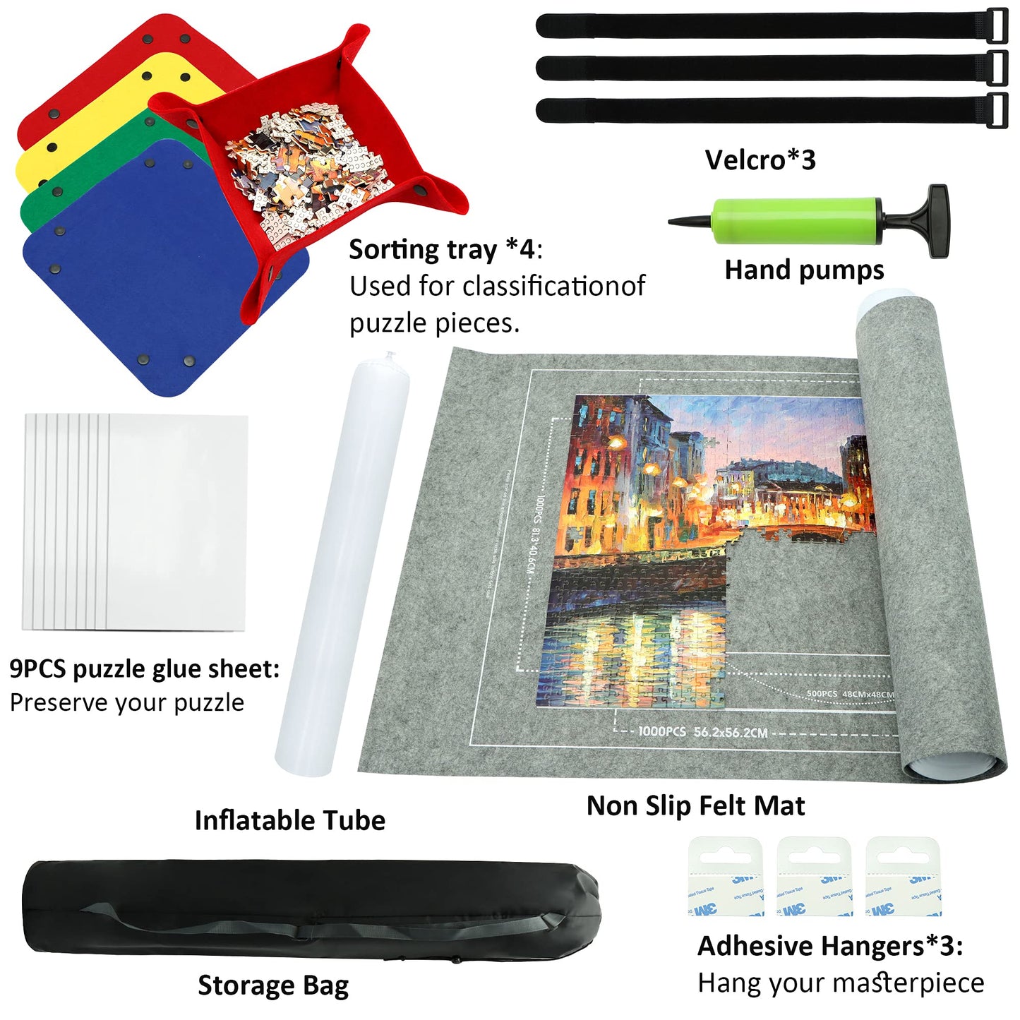 FELIZROCA Portable Puzzle Mat Roll Up – 46x26 in Puzzle Kit with Glue Sheets, Trays, Pump, Tube & Bag