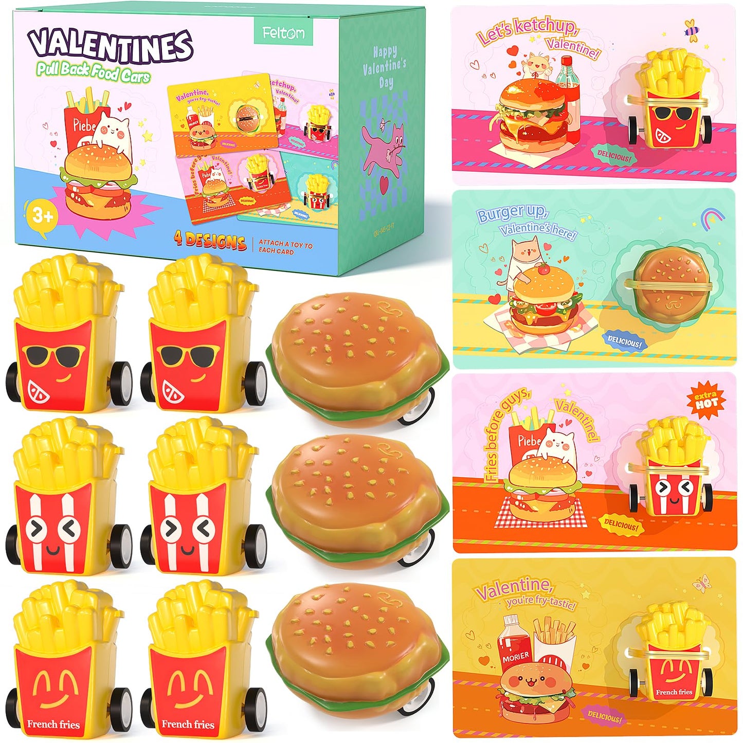 Feltom 28-Pack Valentine’s Day Kids Toy Set – Pull-Back Burger Cars & Cards
